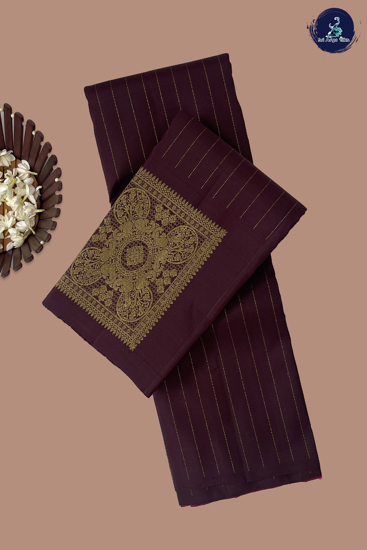 Brown Traditional Silk Saree With Stripes Pattern