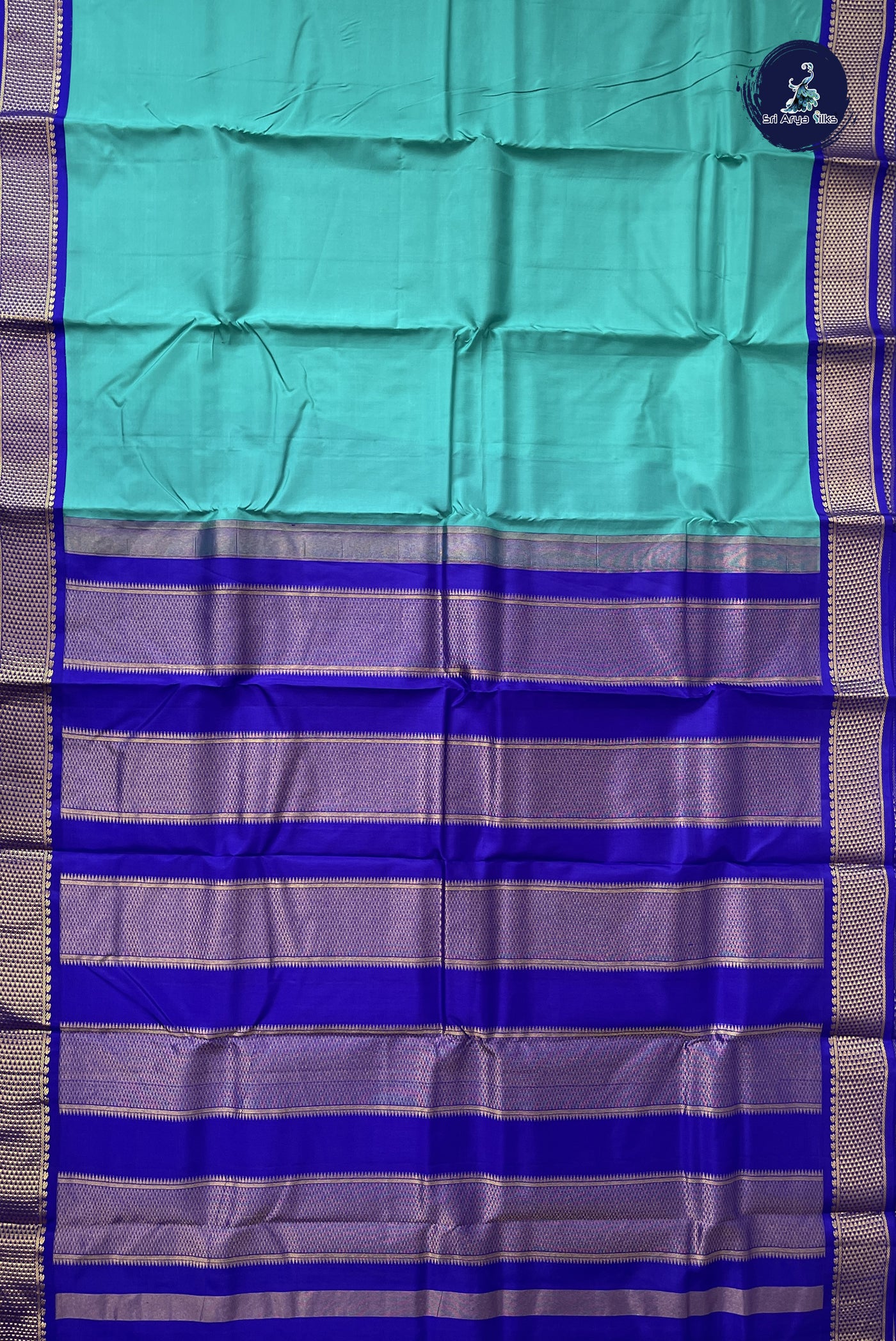 Turquoise Korvai Contrast Silk Saree With Plain Pattern