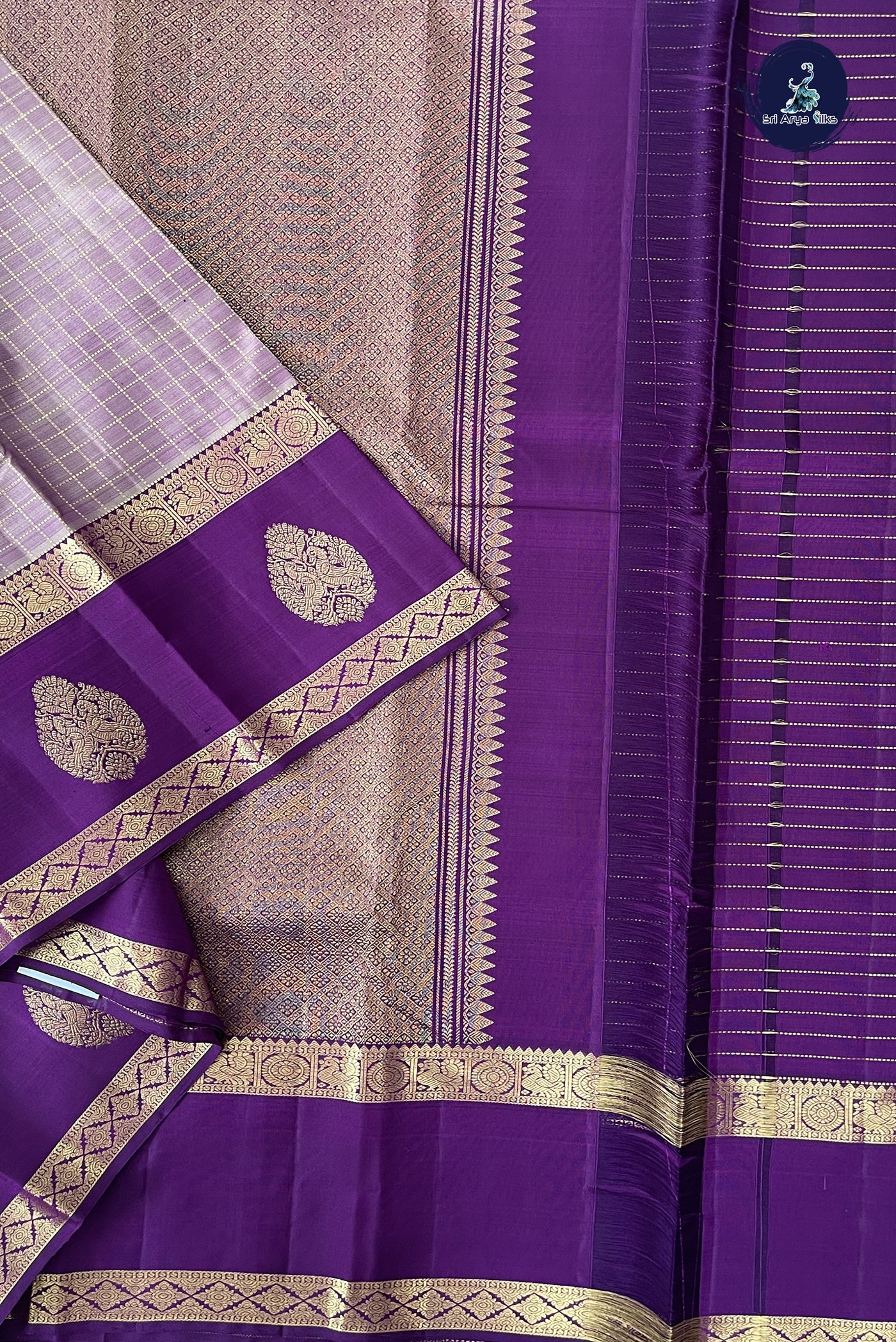 Lavender Traditional Silk Saree With Zari Checked Pattern