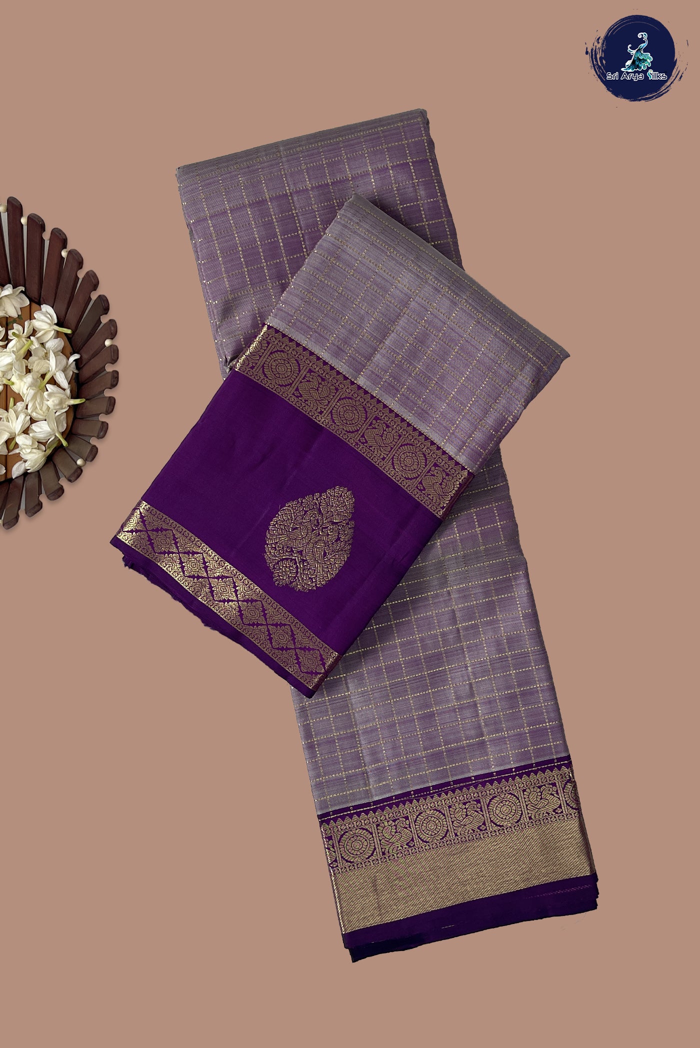 Lavender Traditional Silk Saree With Zari Checked Pattern