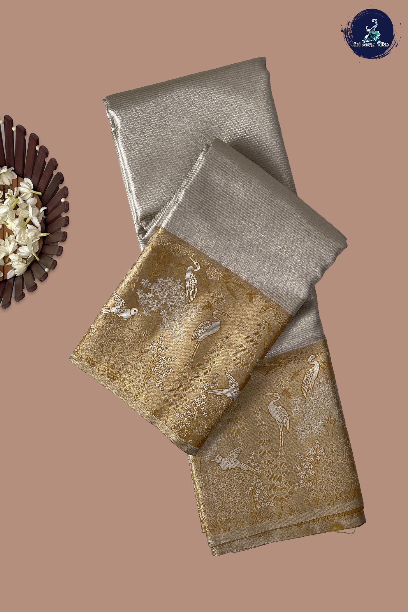 Fawn Half Pure Silk Saree With Jacquard Pattern