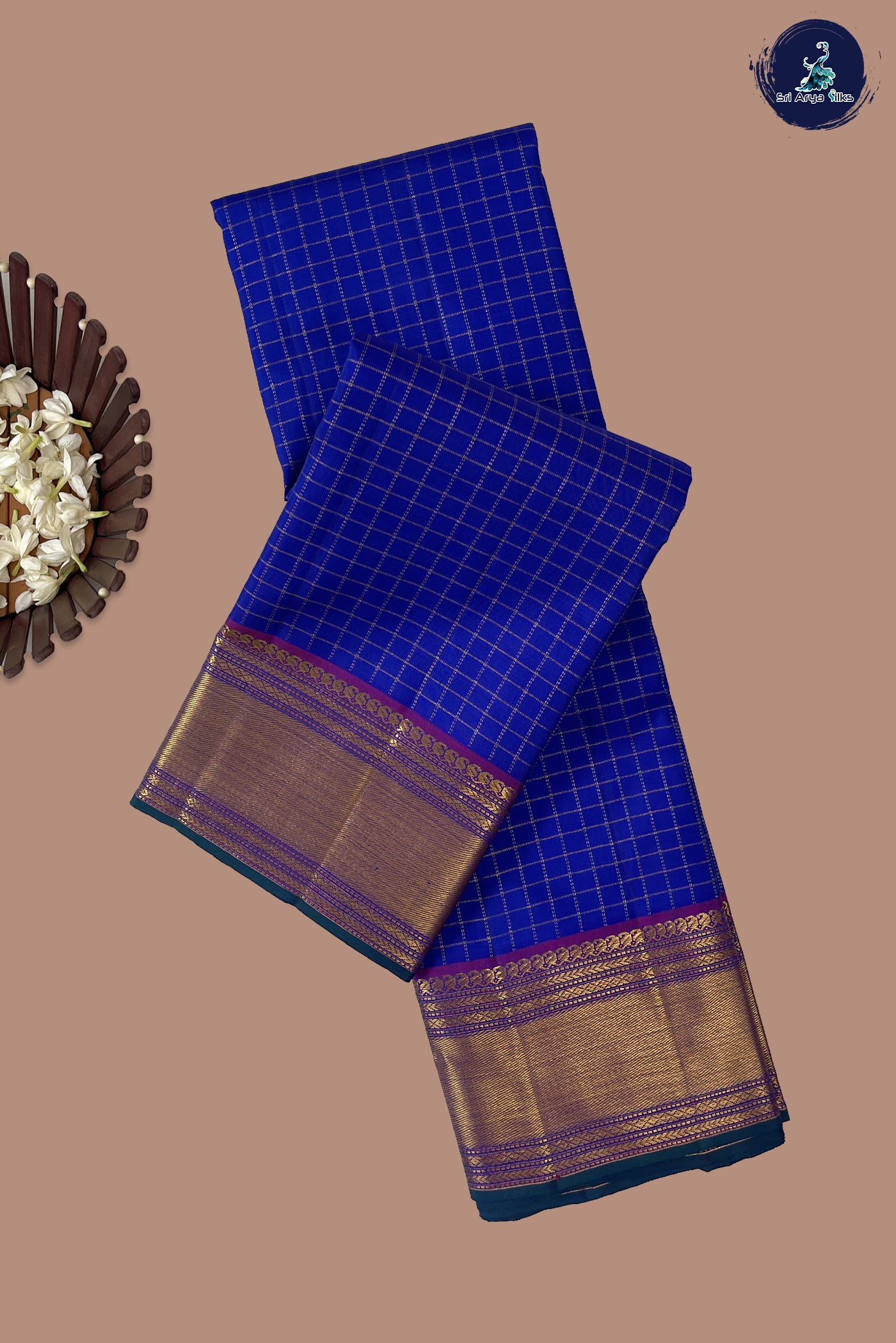Blue Checked Saree With Zari Checked Pattern