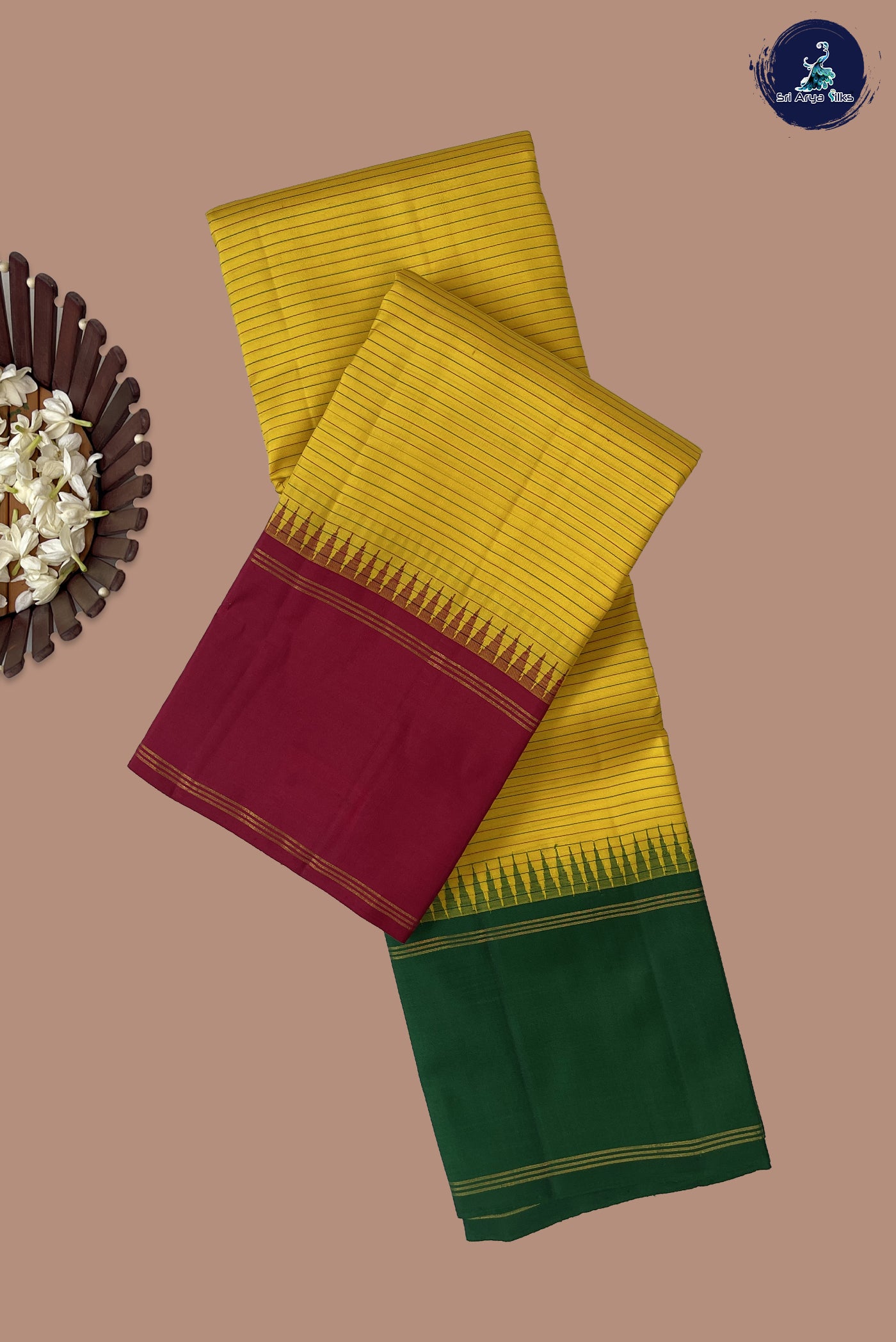 Yellow Korvai Contrast Silk Saree With Stripes Pattern