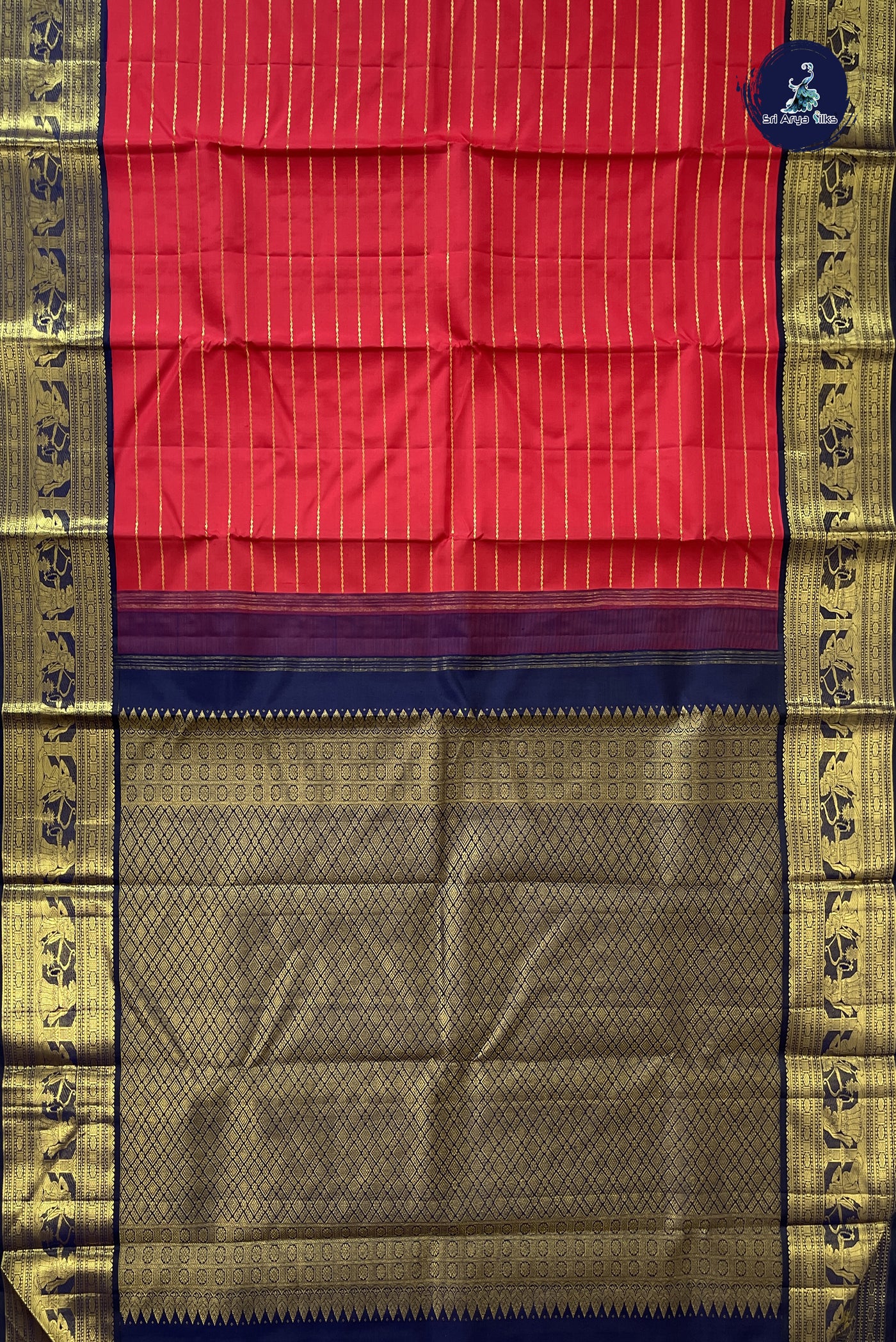 Red Korvai Contrast Silk Saree With Veldhari Stripes Pattern