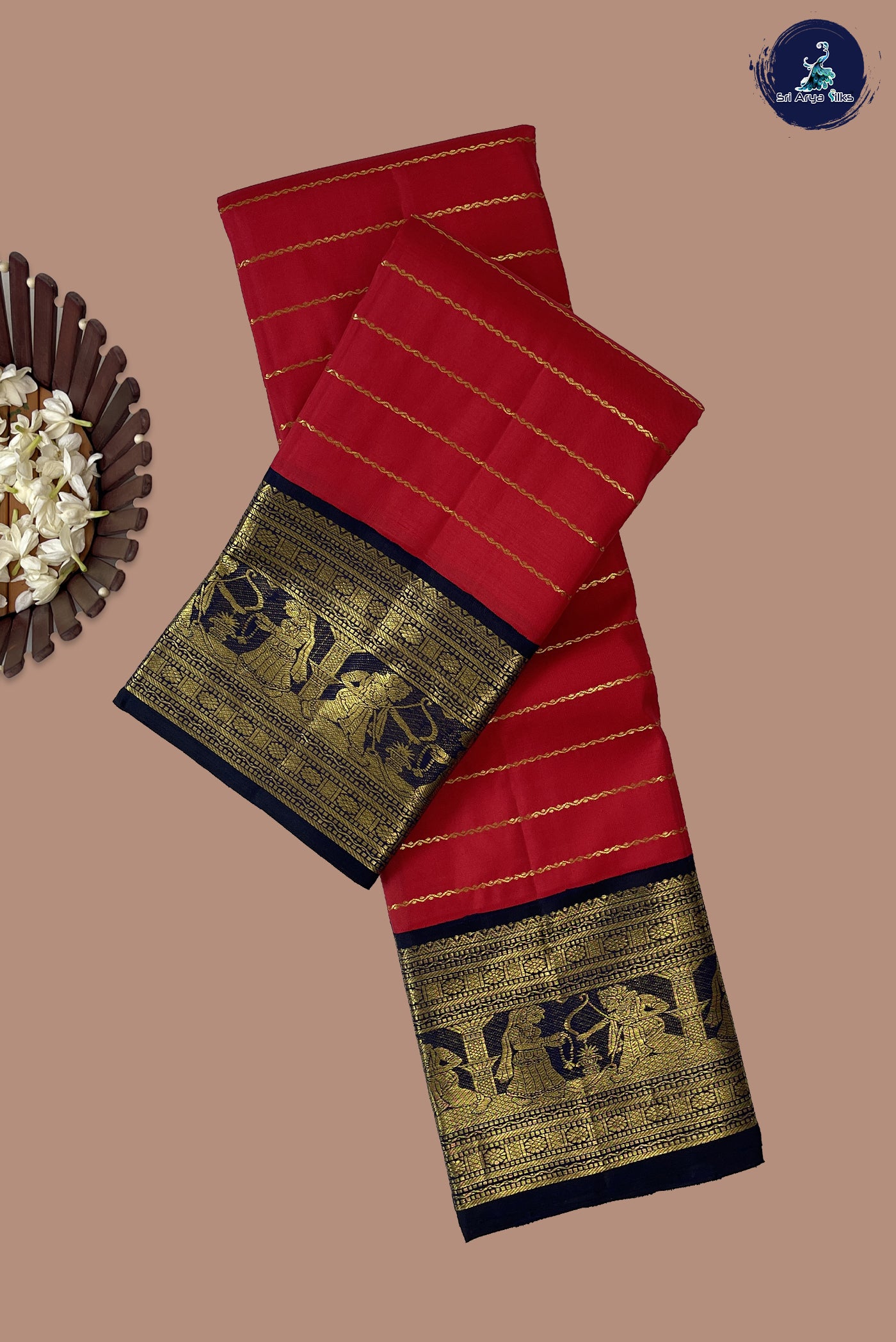 Red Korvai Contrast Silk Saree With Veldhari Stripes Pattern