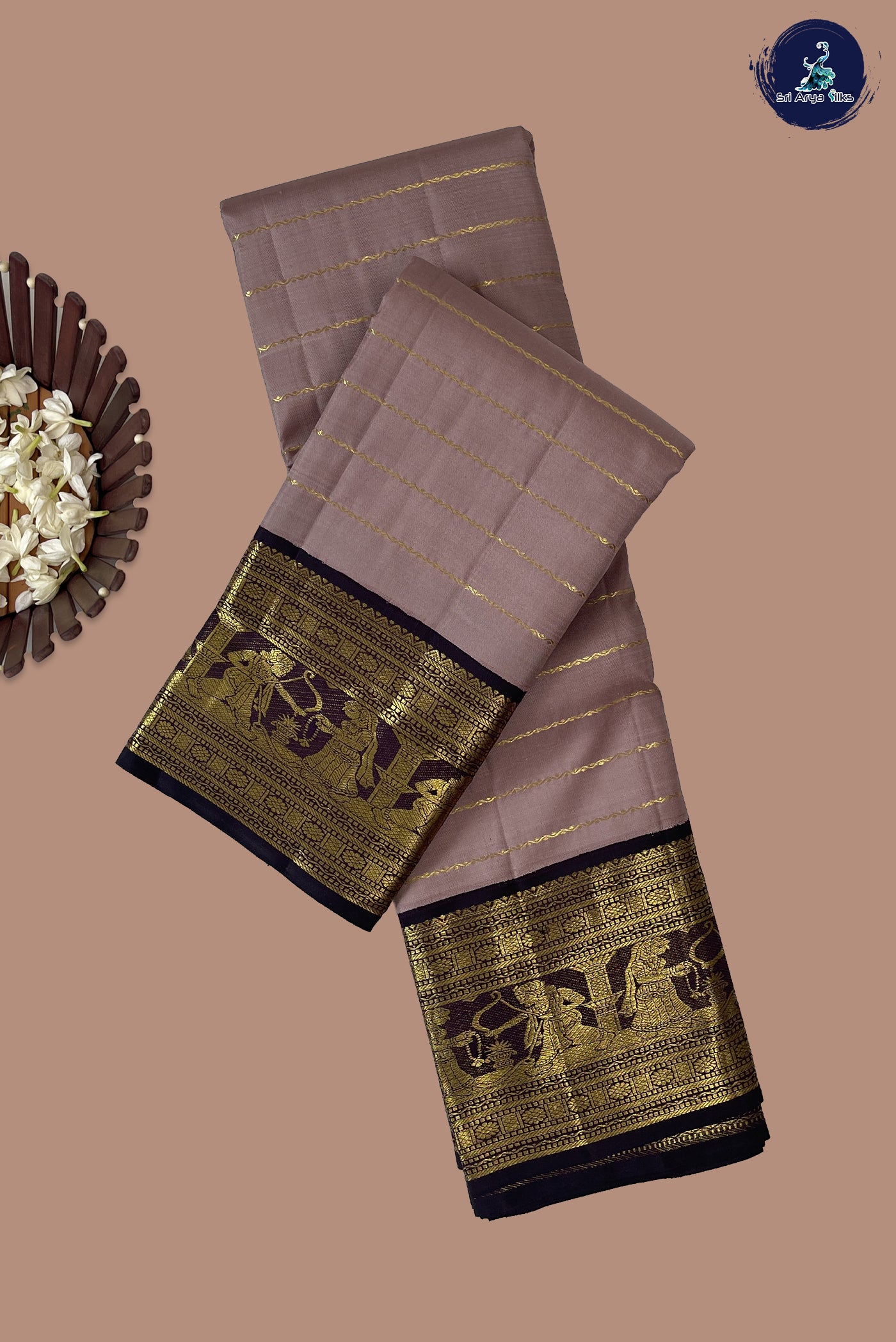 Biscuit Shade Korvai Contrast Silk Saree With Veldhari Stripes Pattern