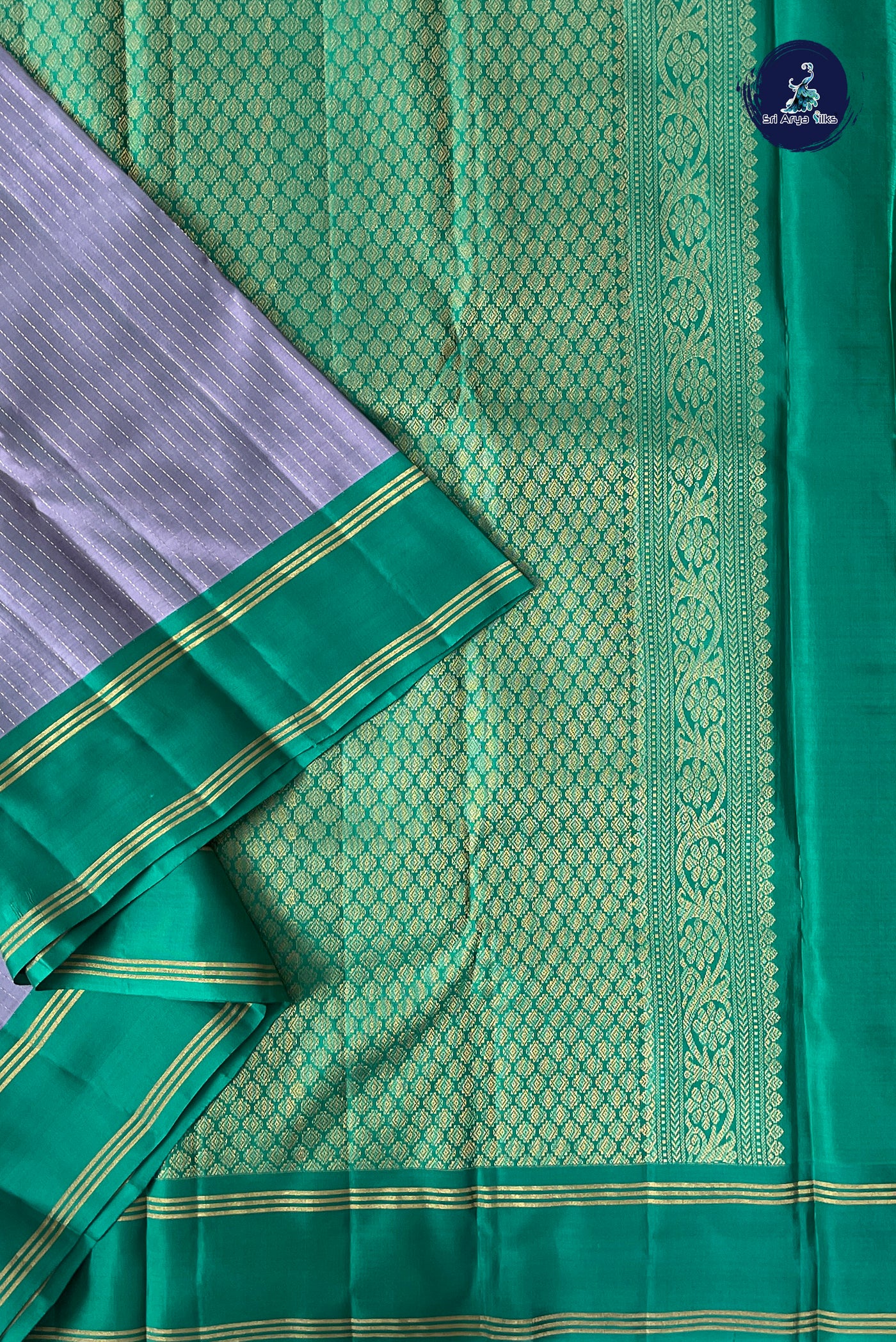 Lavender Half Pure Silk Saree With Stripes Pattern
