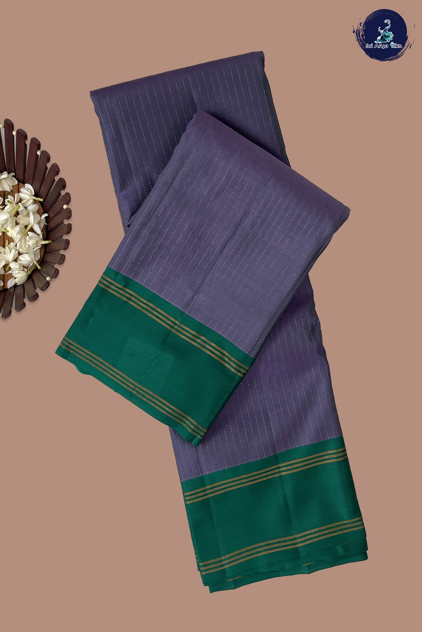 Lavender Half Pure Silk Saree With Stripes Pattern