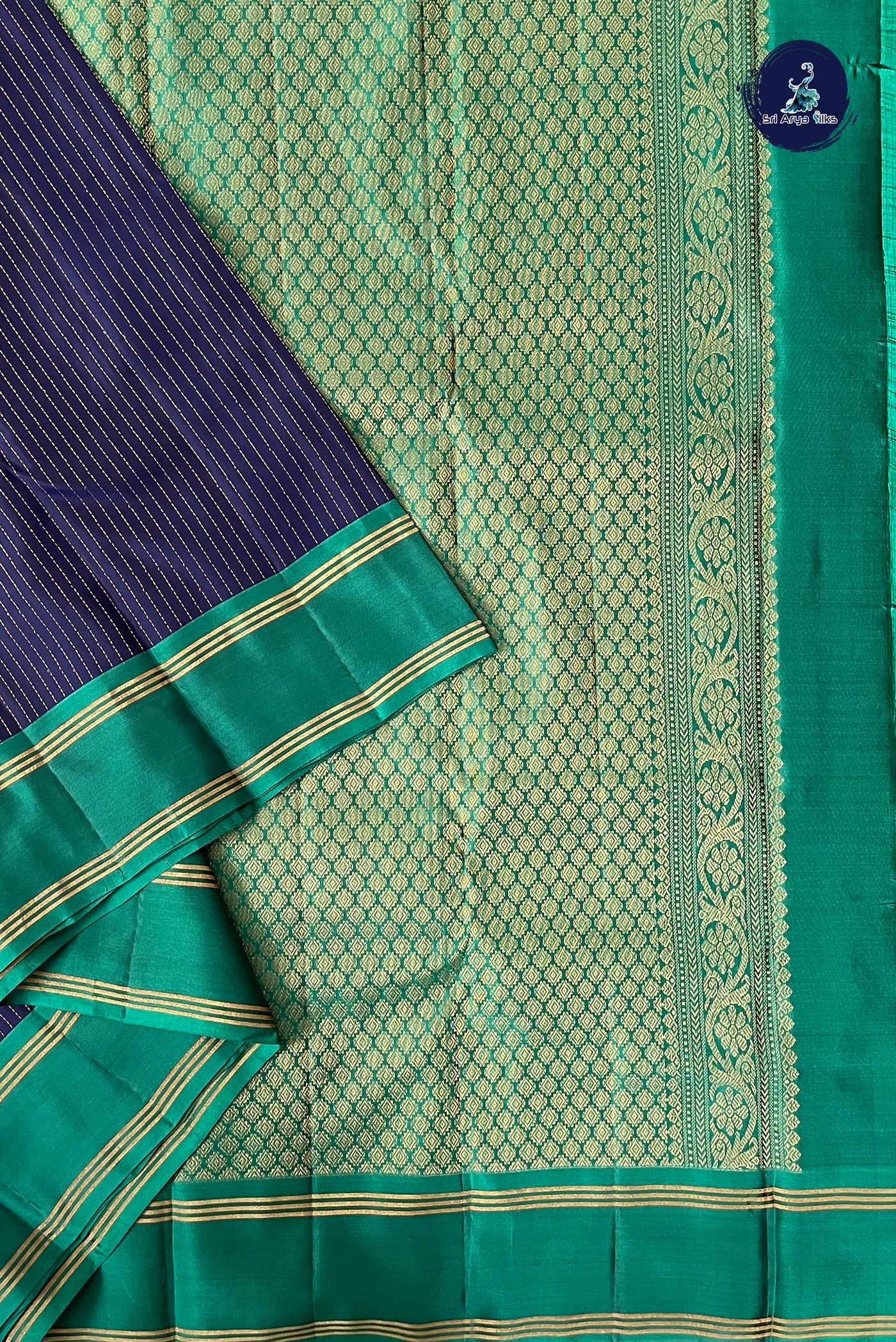 Navy Blue Half Pure Silk Saree With Stripes Pattern