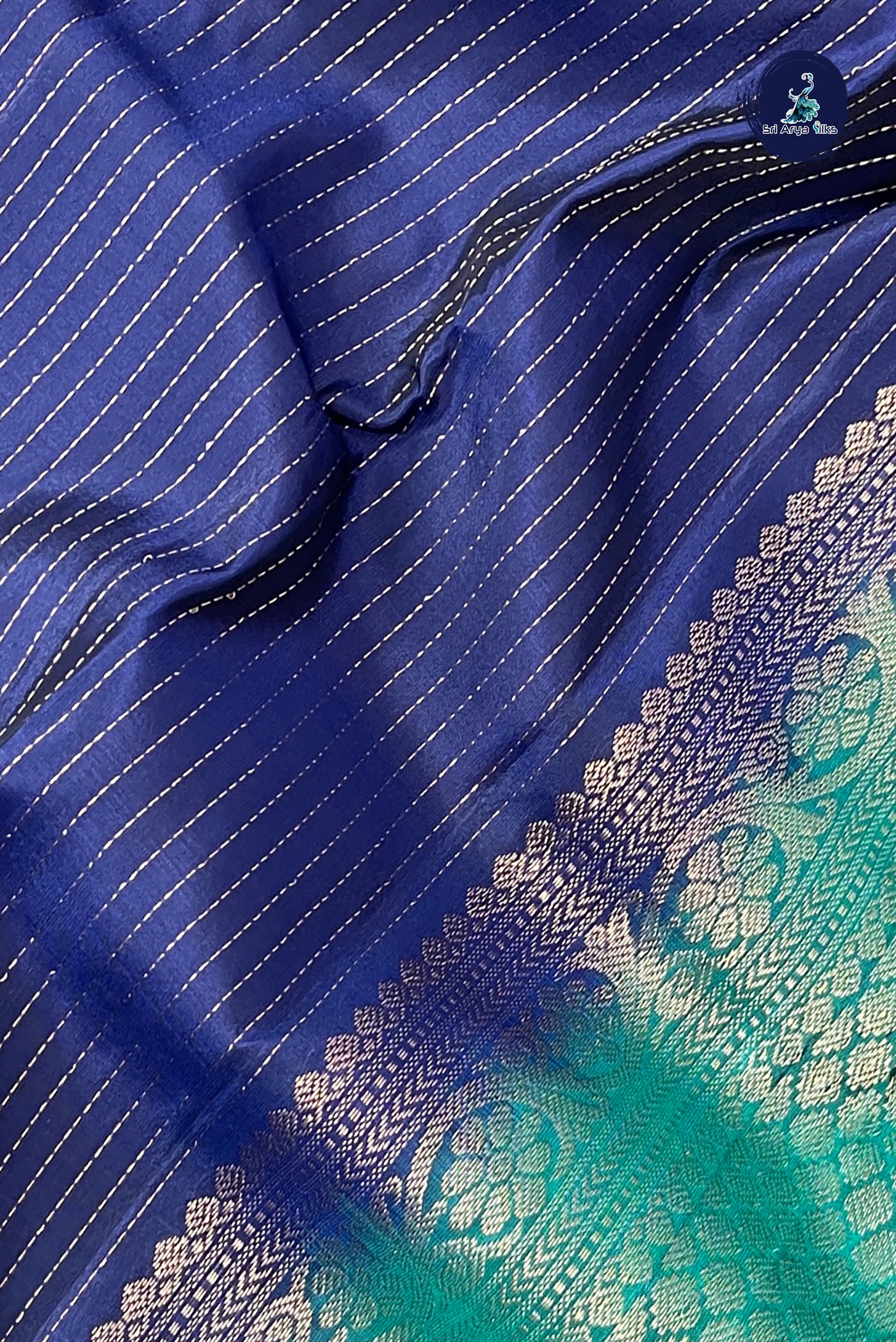 Navy Blue Half Pure Silk Saree With Stripes Pattern