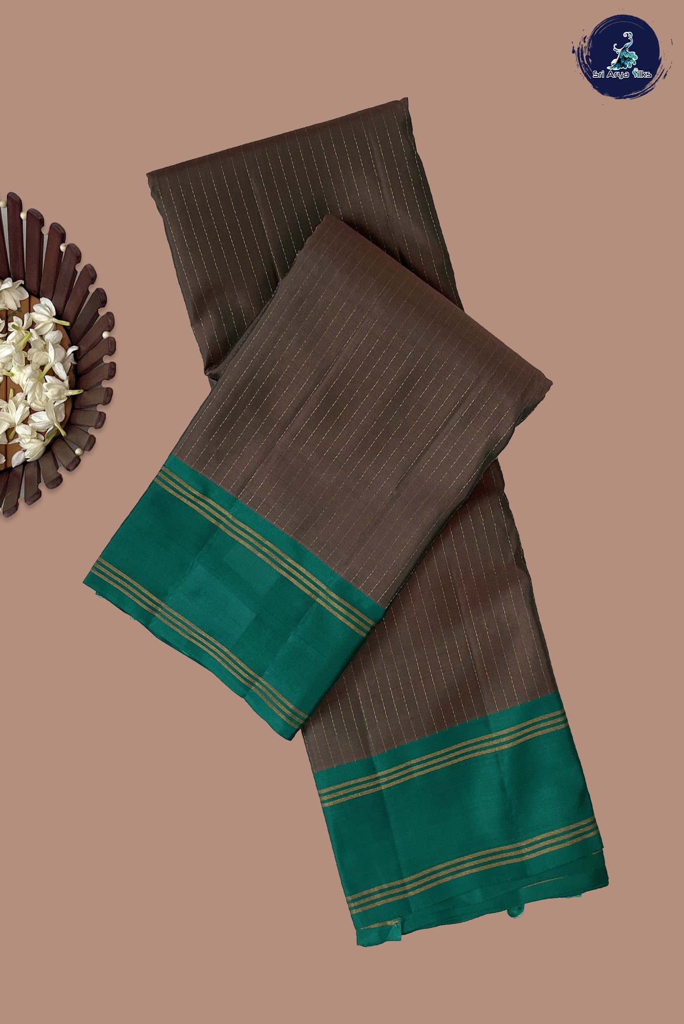 Dual Tone Brown Half Pure Silk Saree With Stripes Pattern