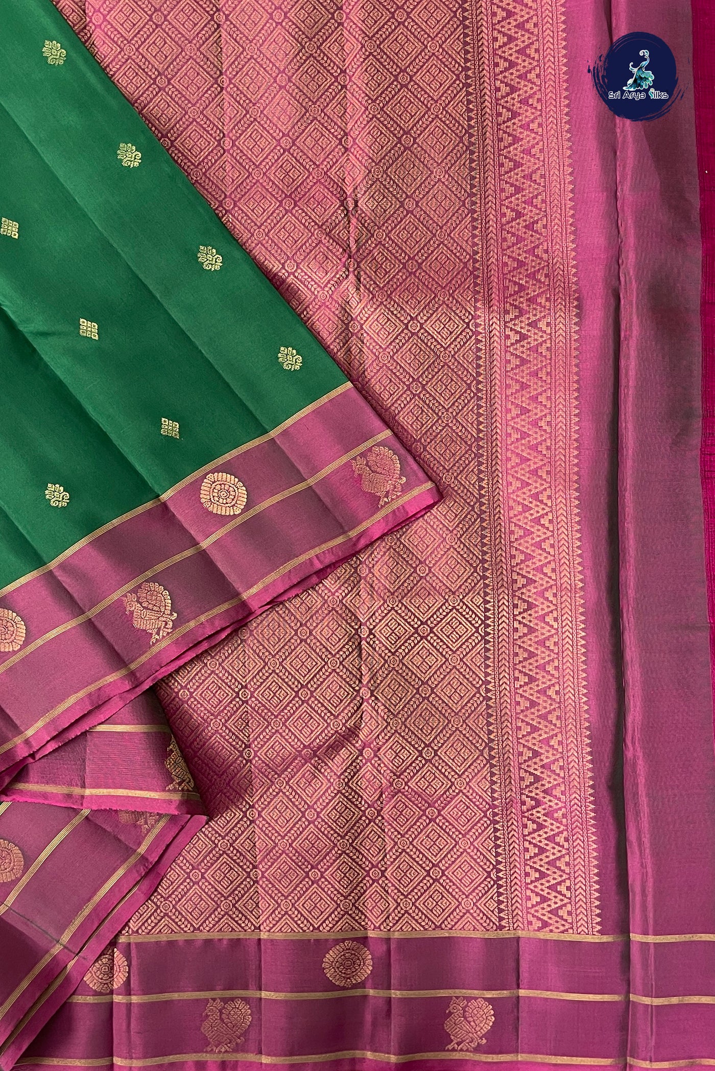 Bottle Green Half Pure Silk Saree With Zari Buttas Pattern