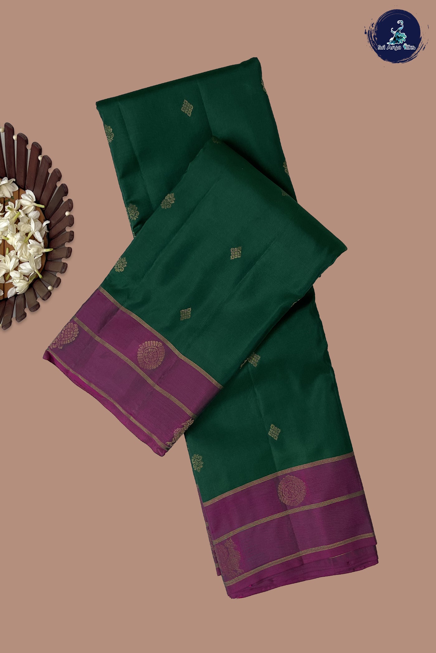 Bottle Green Half Pure Silk Saree With Zari Buttas Pattern