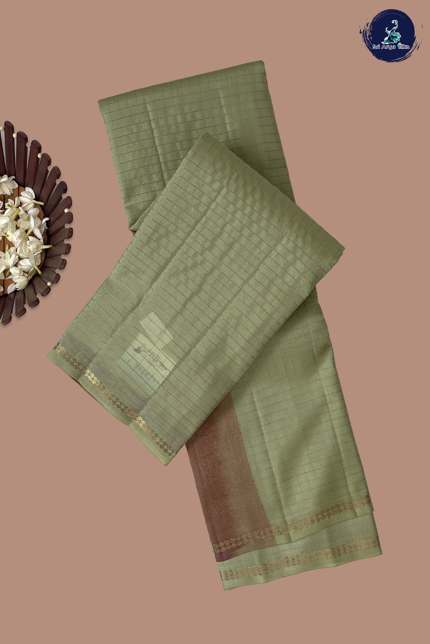Elaichi Green Half Pure Silk Saree With Zari Checked Pattern