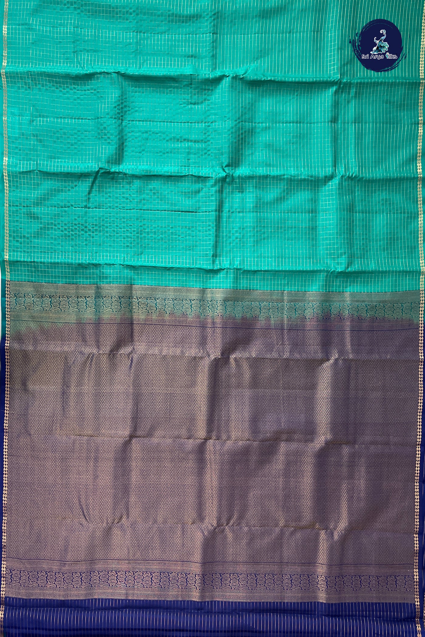 Teal Half Pure Silk Saree With Zari Checked Pattern