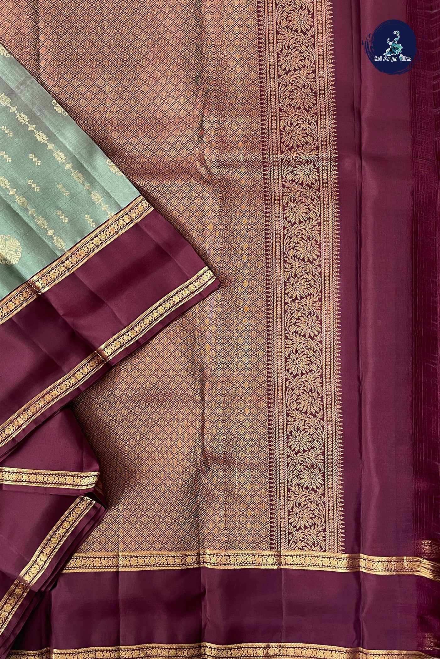 Greenish Grey Half Pure Silk Saree With Zari Buttas Pattern
