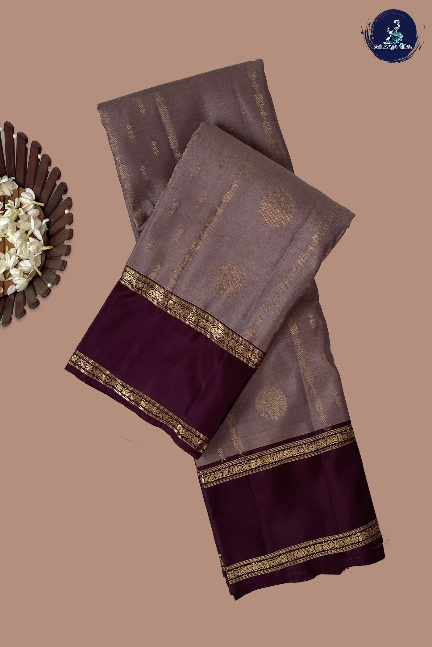 Chocolate Shade Half Pure Silk Saree With Zari Buttas Pattern