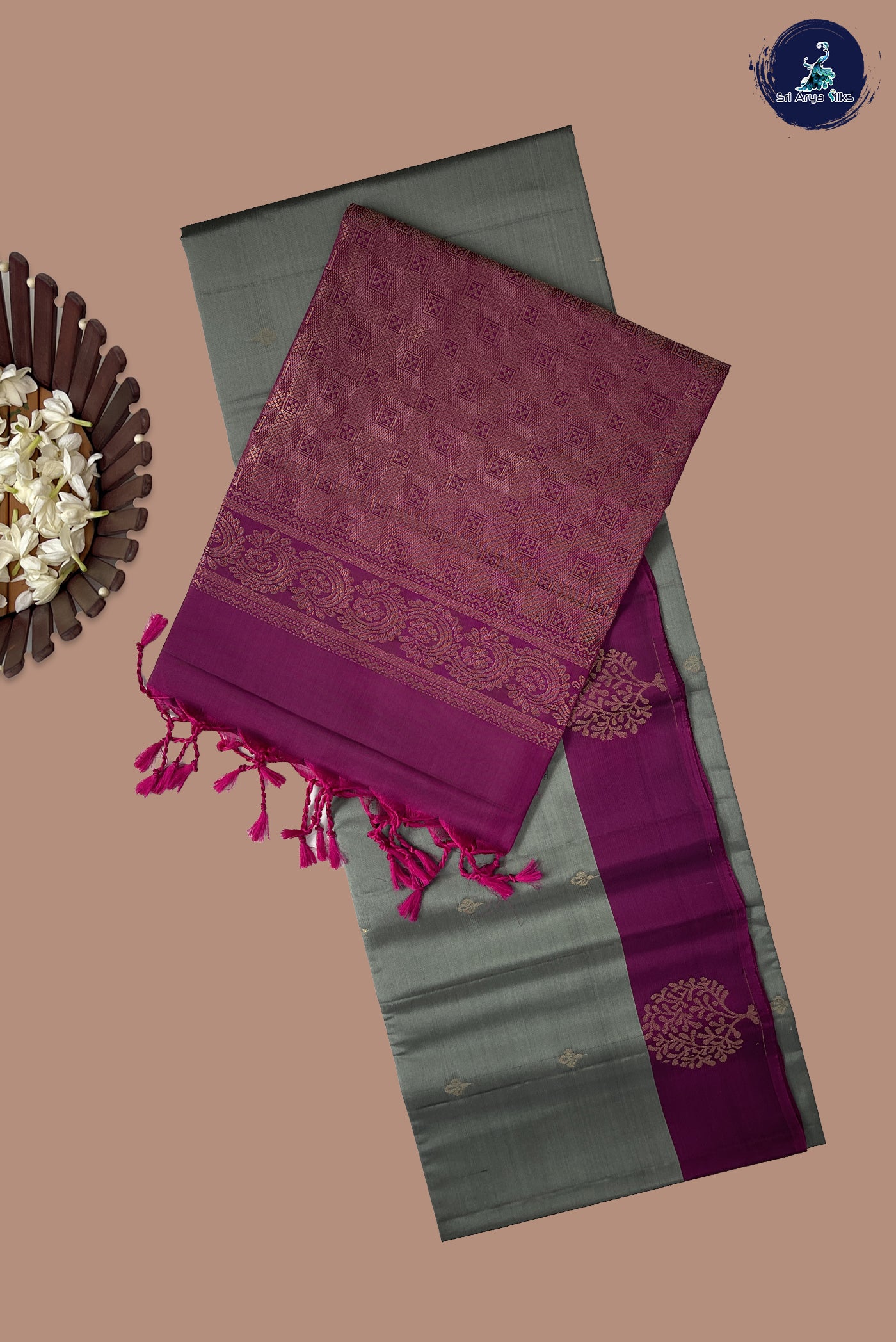 Greenish Grey Half Pure Silk Saree With Zari Buttas Pattern