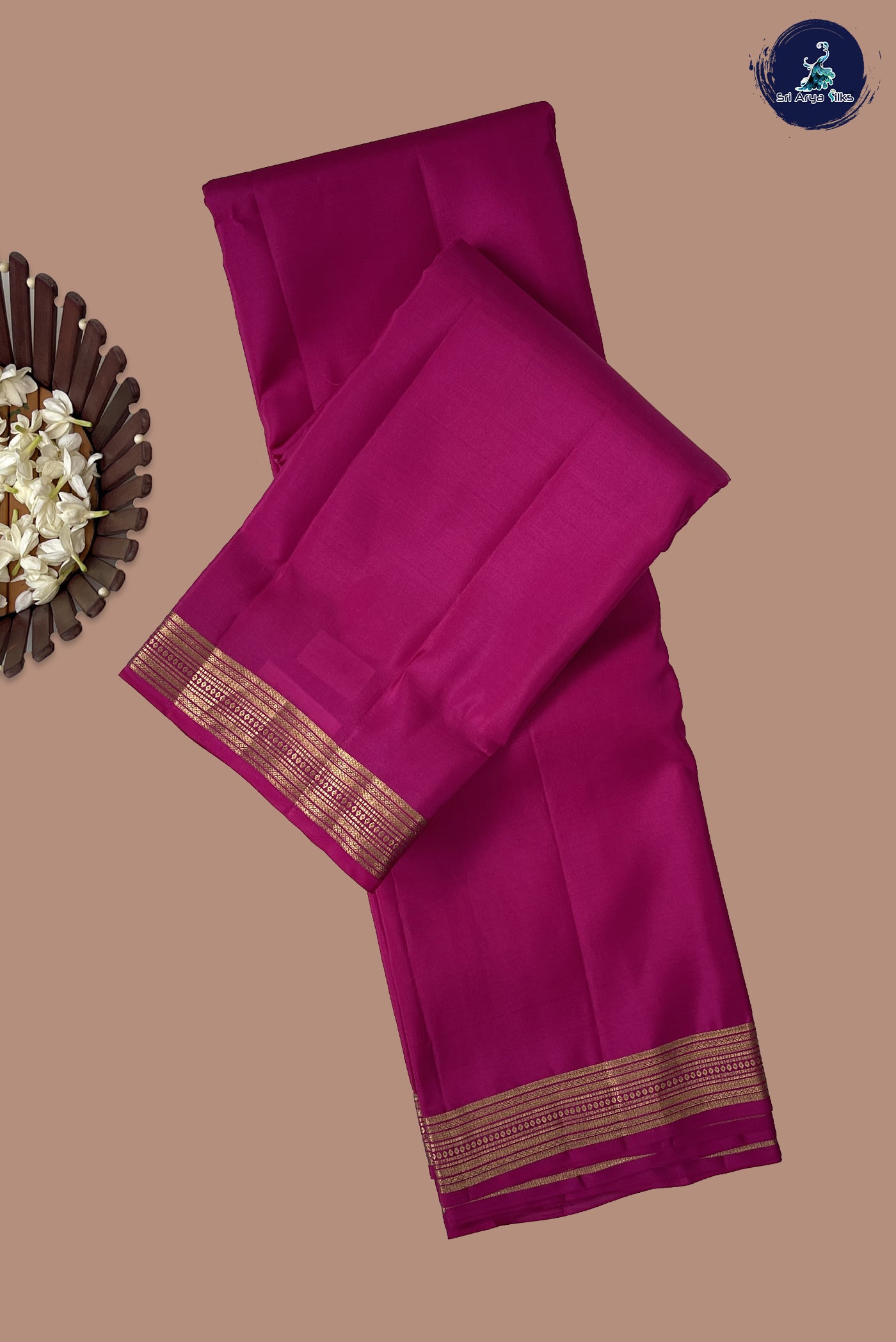 Dark Pink Half Pure Silk Saree With Plain Pattern