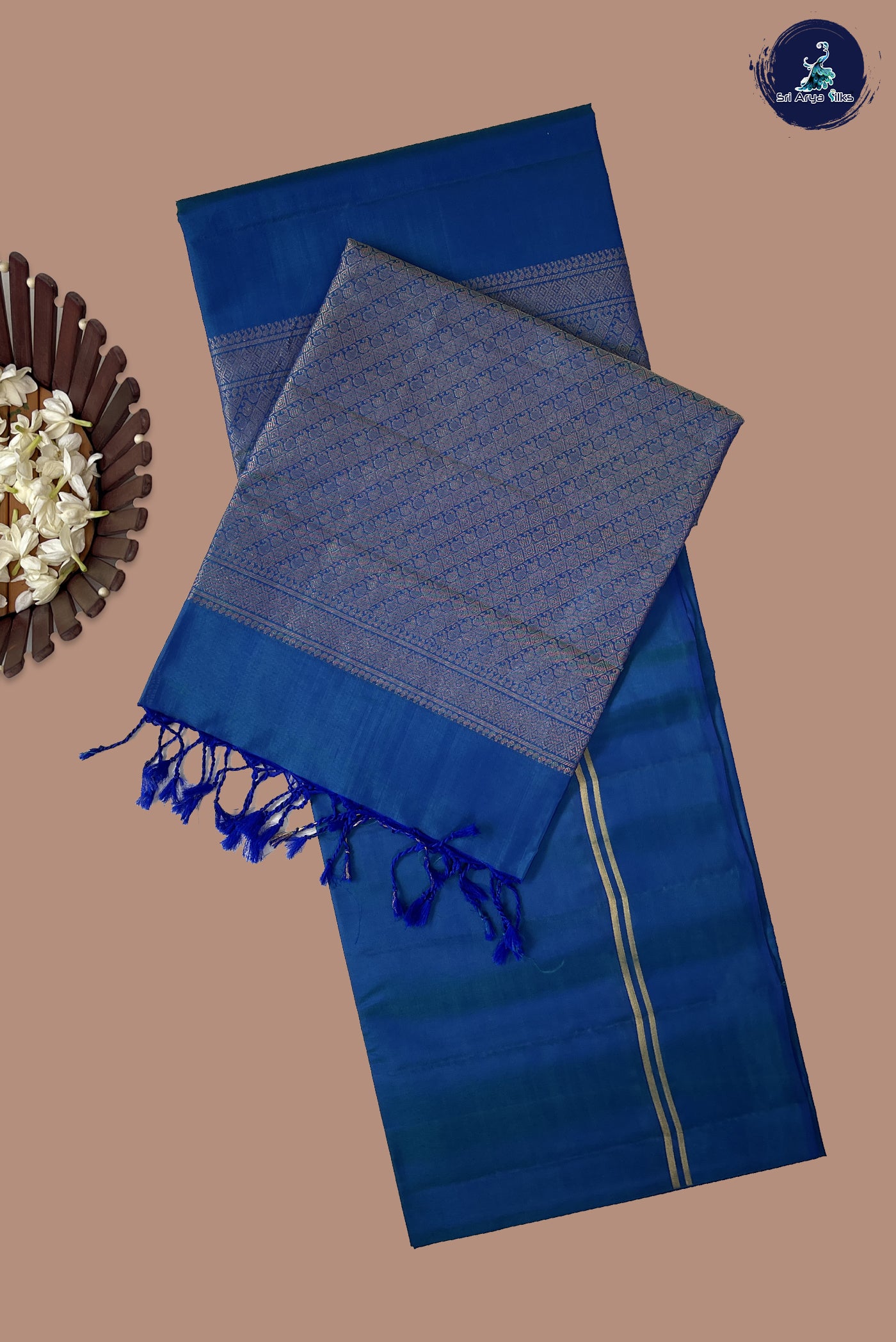 Peacock Blue Half Pure Silk Saree With Plain Pattern
