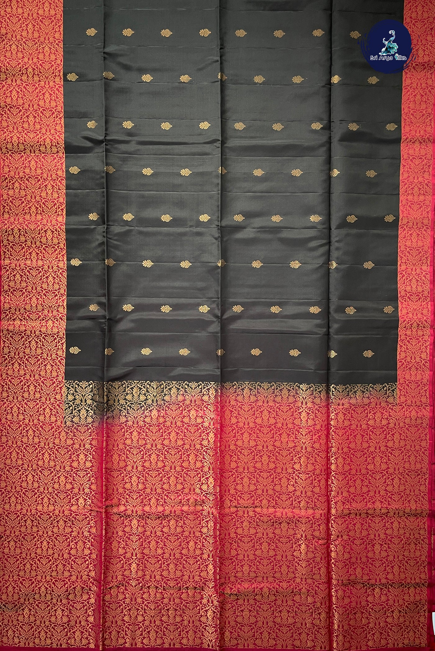 Black Half Pure Silk Saree With Zari Buttas Pattern