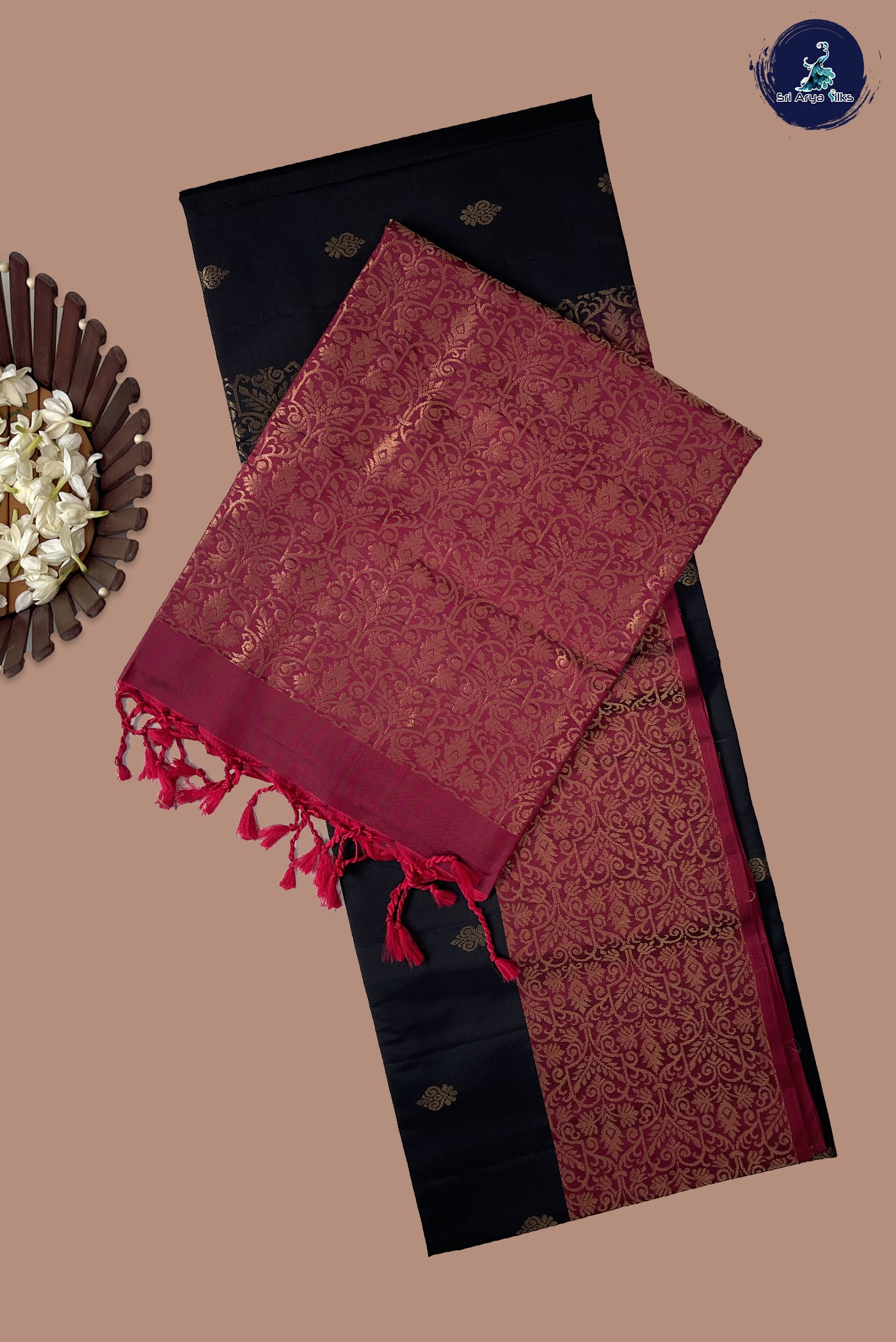 Black Half Pure Silk Saree With Zari Buttas Pattern
