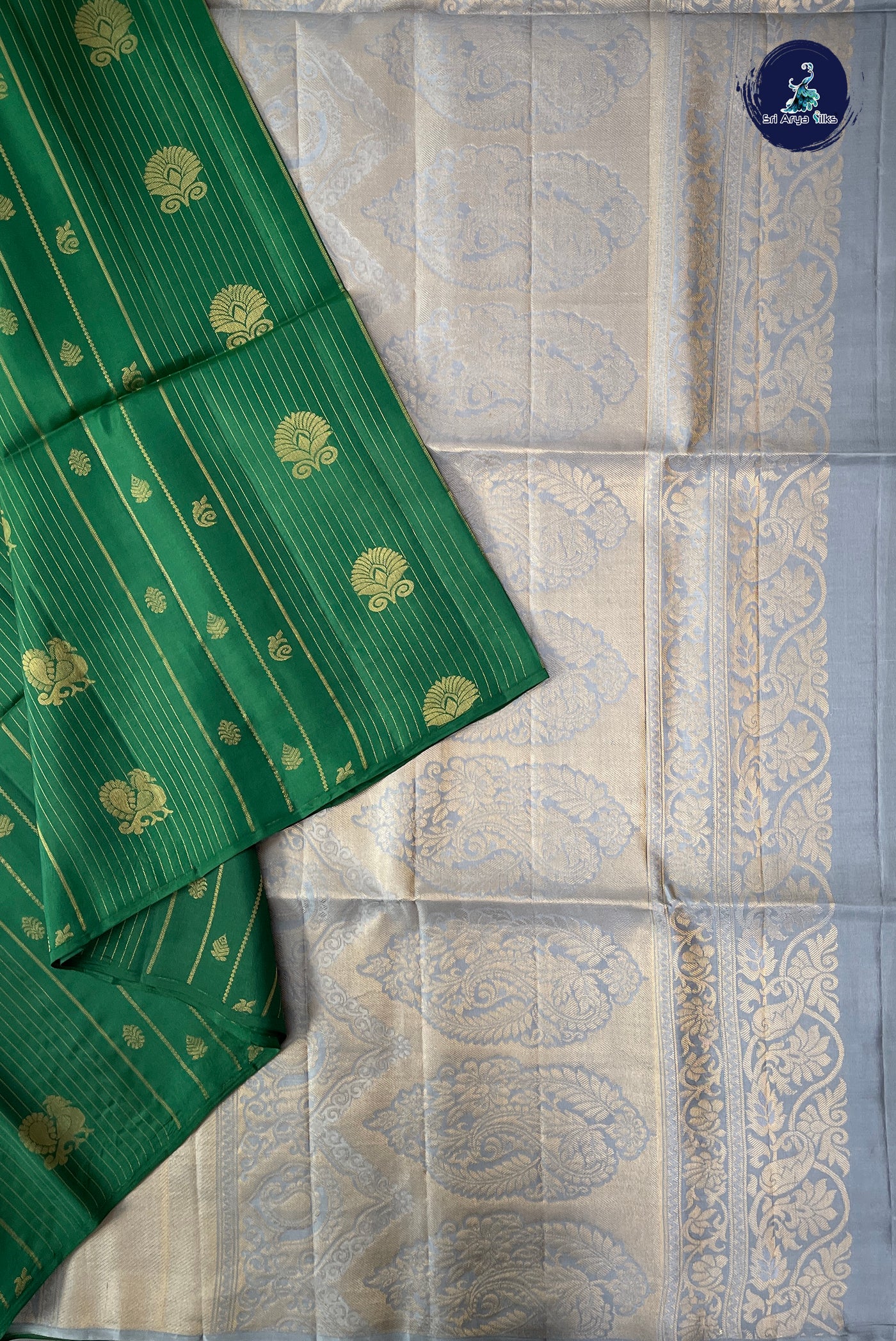 Bottle Green Half Pure Silk Saree With Zari Woven Pattern