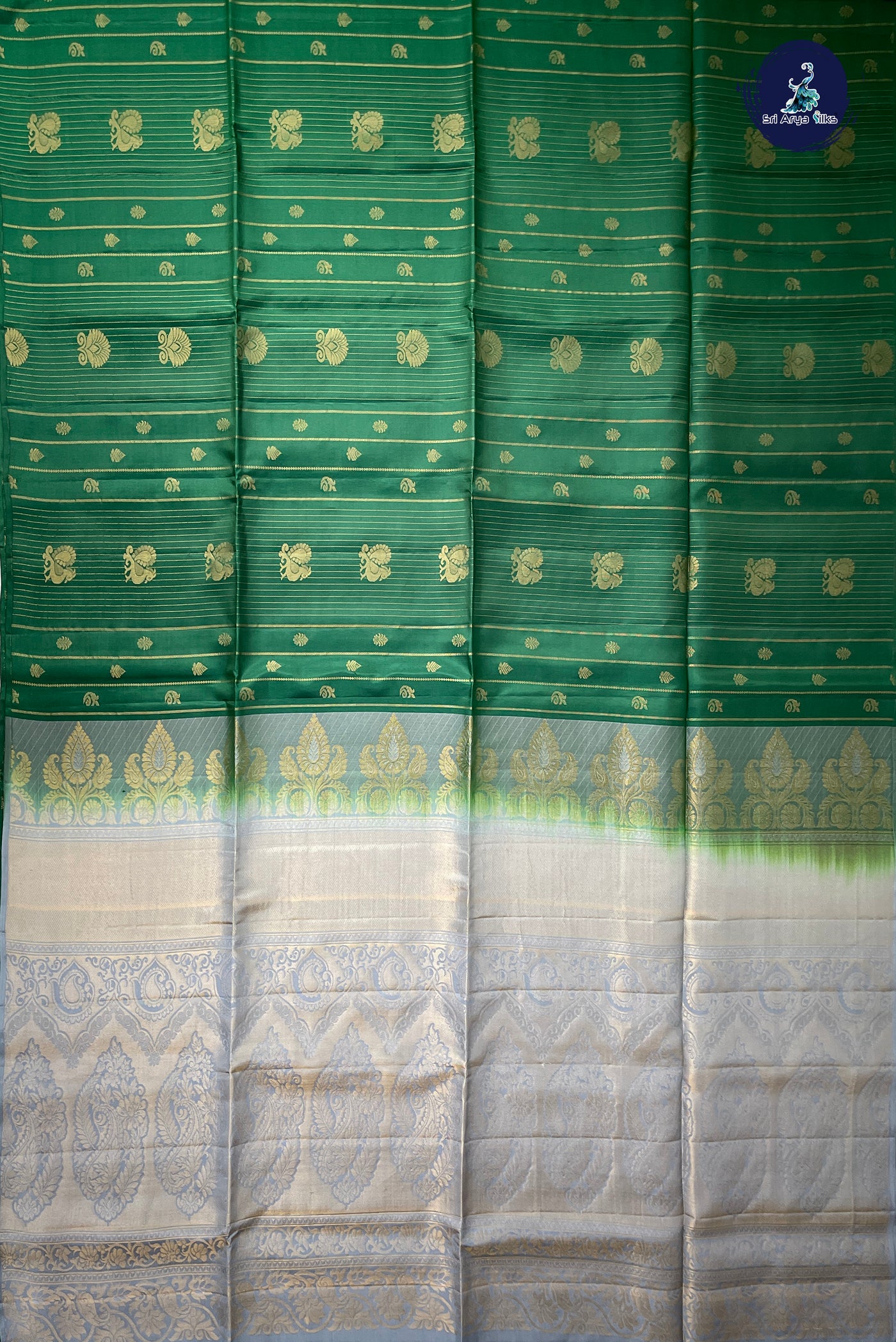 Bottle Green Half Pure Silk Saree With Zari Woven Pattern