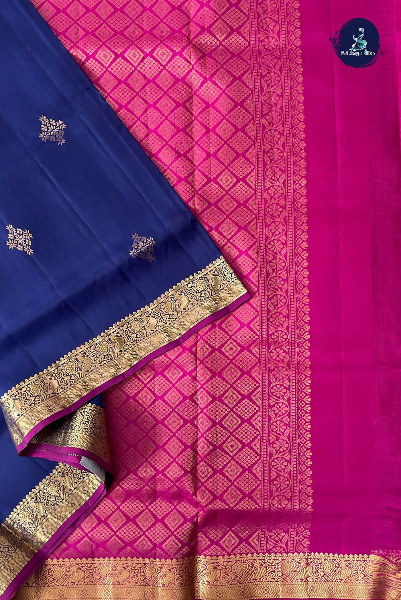 Navy Blue Half Pure Silk Saree With Zari Buttas Pattern