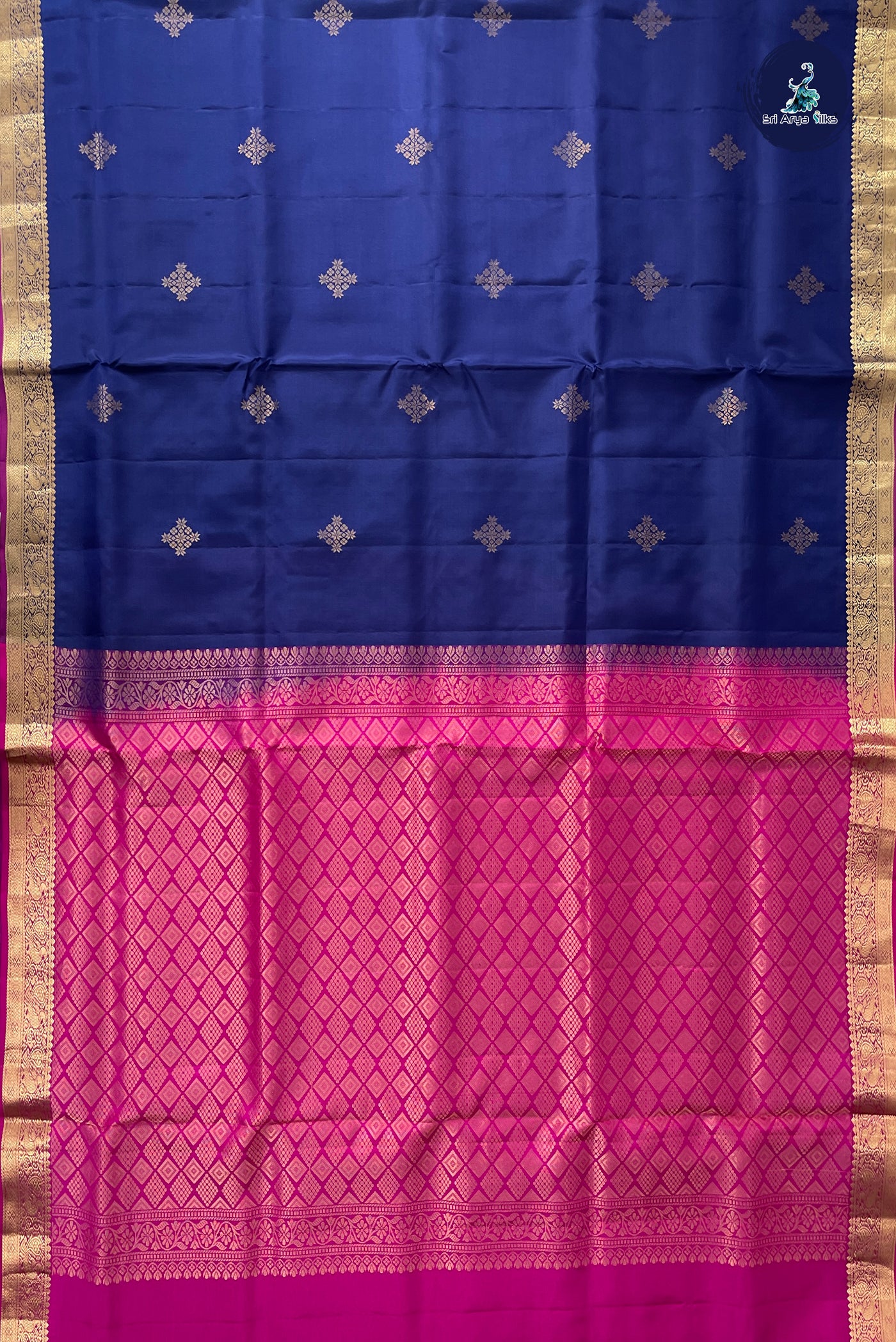 Navy Blue Half Pure Silk Saree With Zari Buttas Pattern