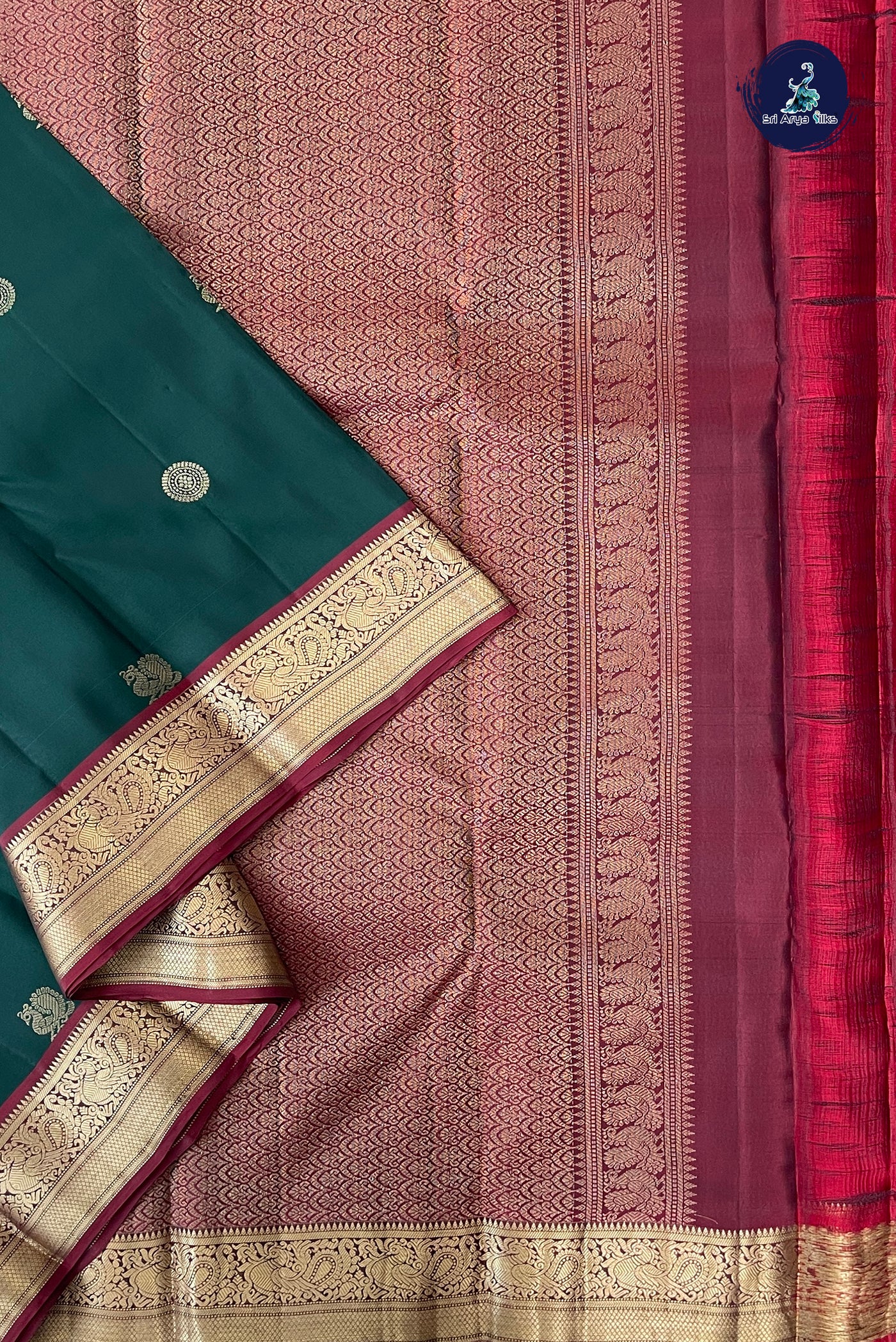 Bottle Green Half Pure Silk Saree With Zari Buttas Pattern