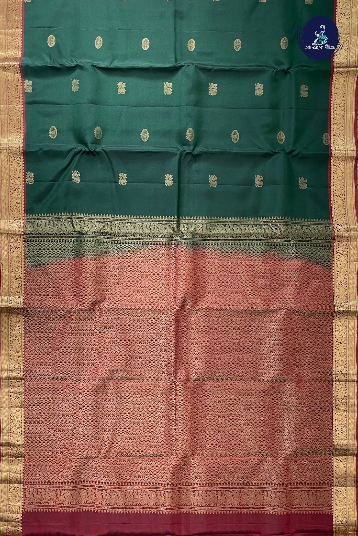 Bottle Green Half Pure Silk Saree With Zari Buttas Pattern