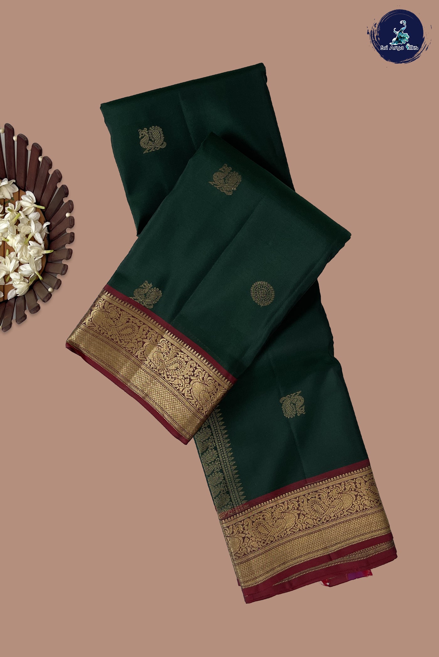 Bottle Green Half Pure Silk Saree With Zari Buttas Pattern