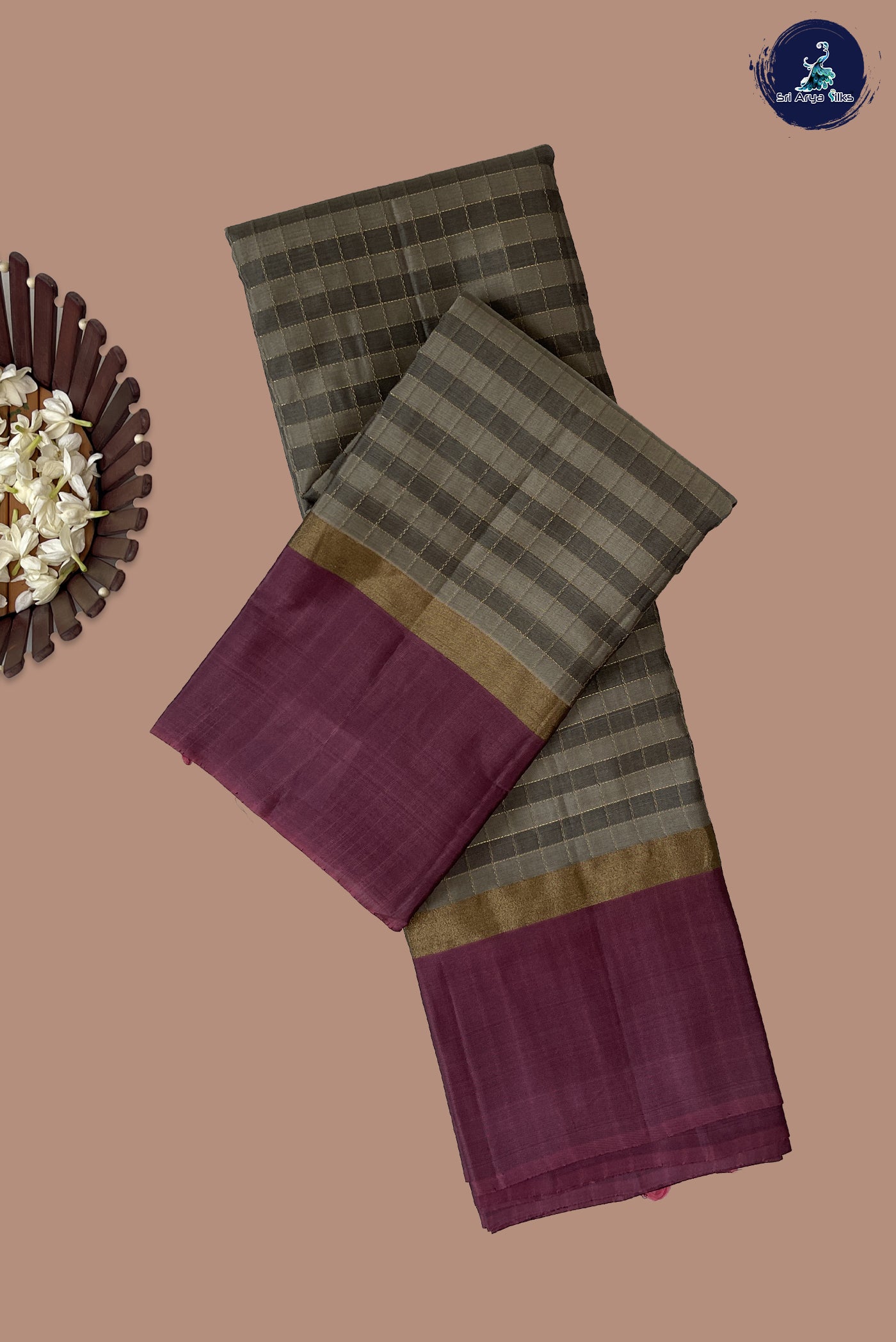 Dual Tone Grey Half Pure Silk Saree With Zari Checked Pattern