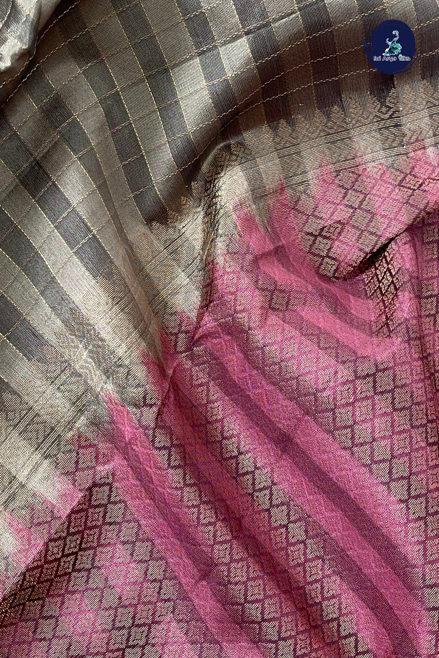 Dual Tone Grey Half Pure Silk Saree With Zari Checked Pattern