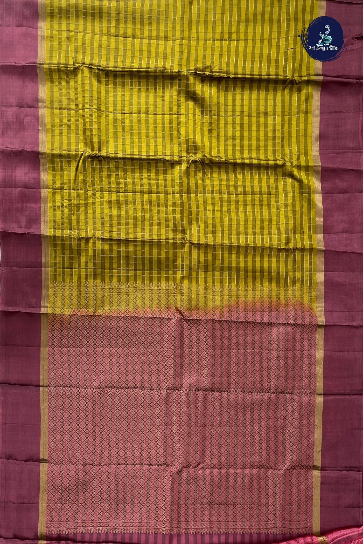 Mustard Yellow Half Pure Silk Saree With Zari Checked Pattern