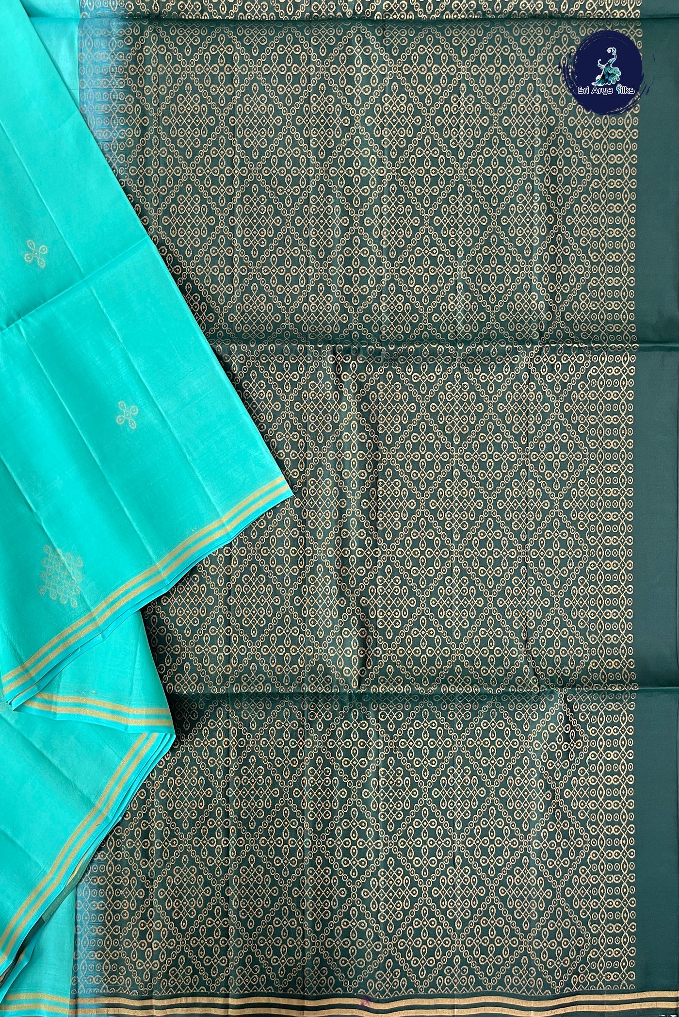 Turquoise Half Pure Silk Saree With Kolam Butta Pattern