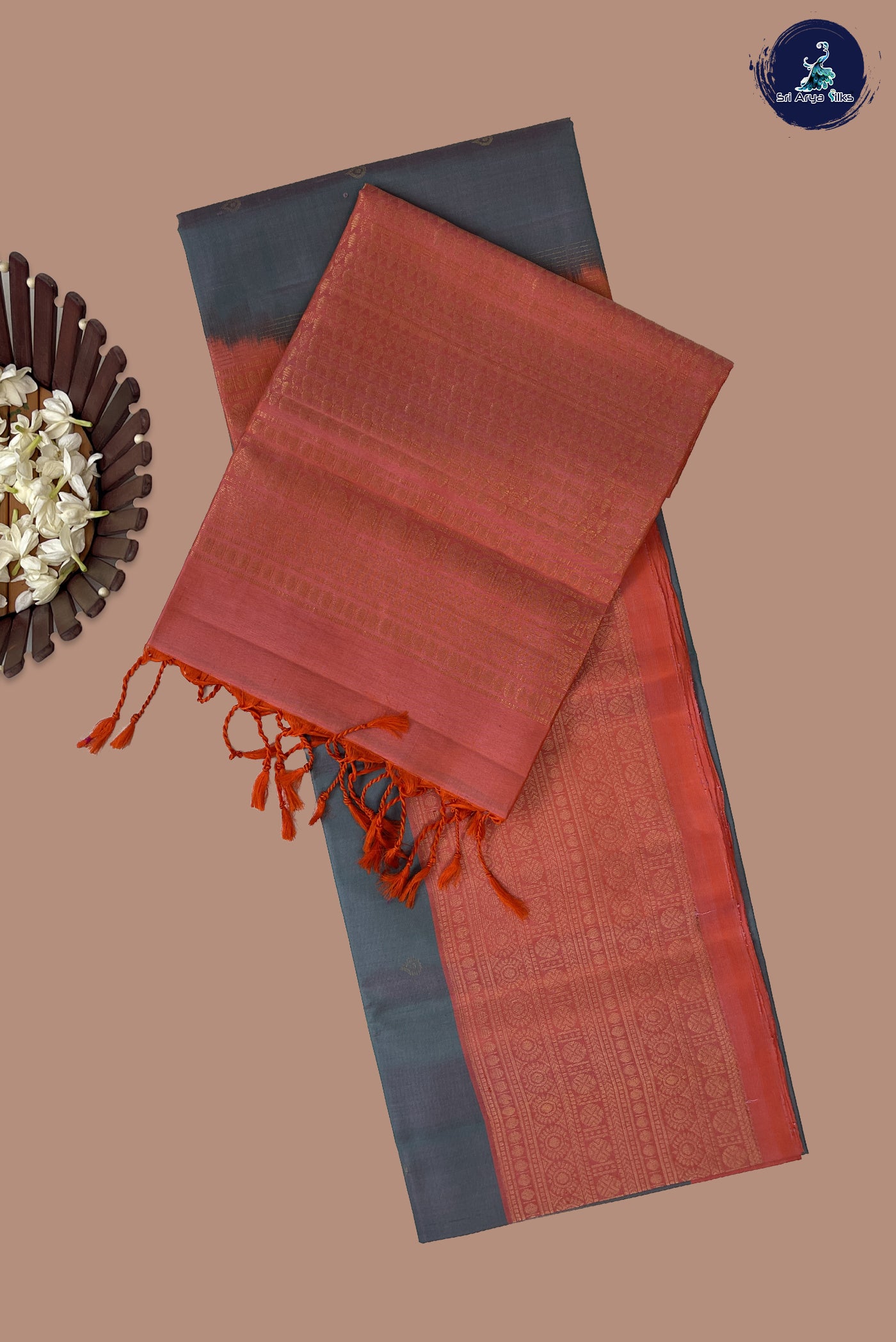 Dual Tone Grey Soft Silk Saree With Zari Buttas Pattern
