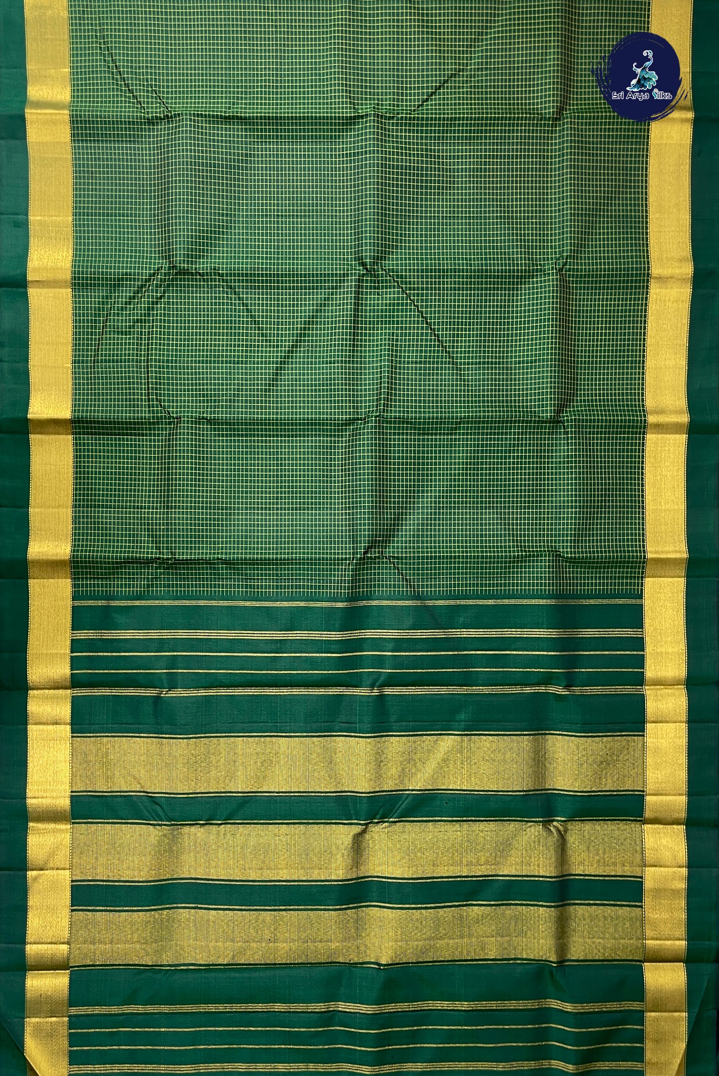 Bottle Green Checked Saree With Zari Checked Pattern