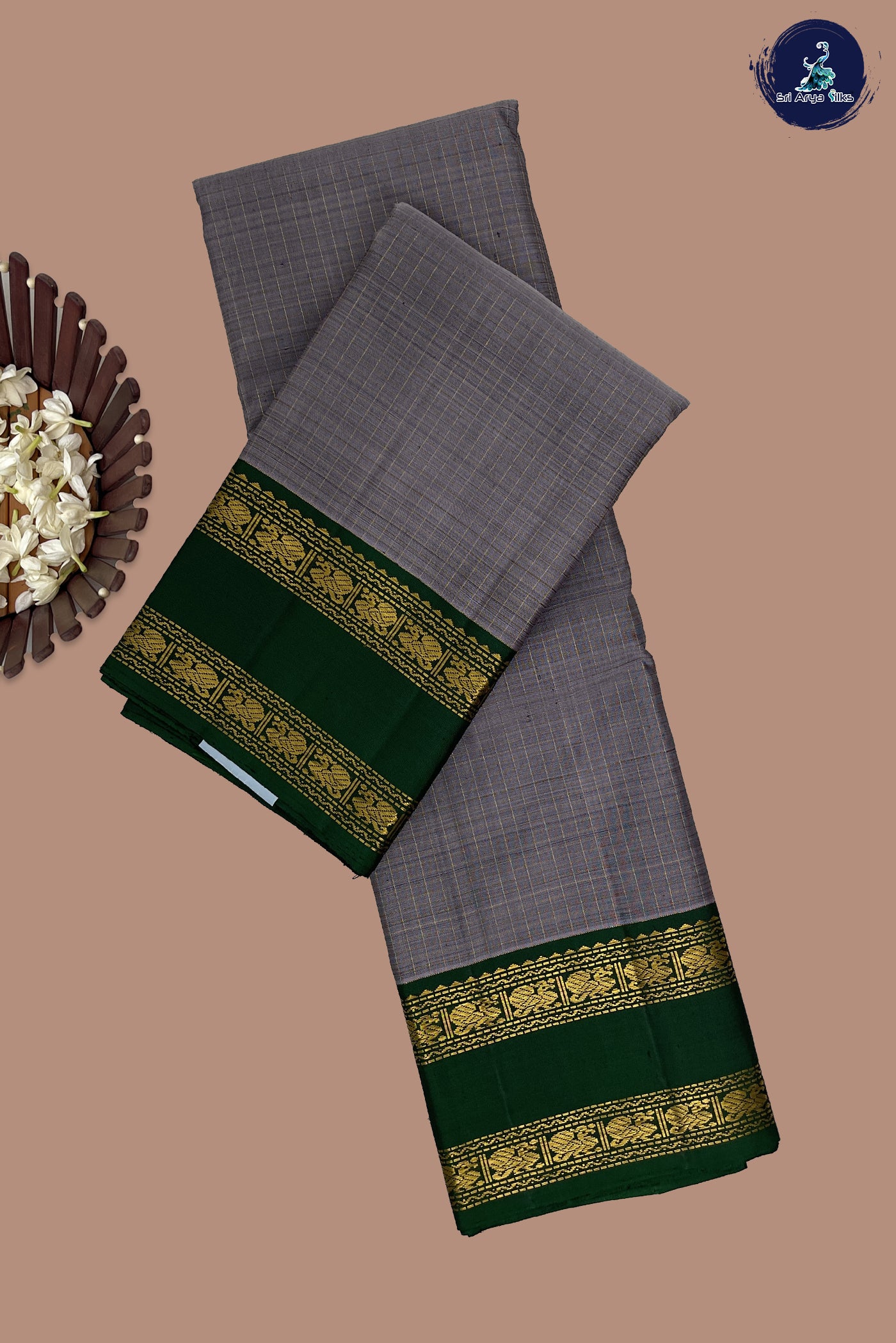 Greyish Lavender Checked Saree With Zari Checked Pattern