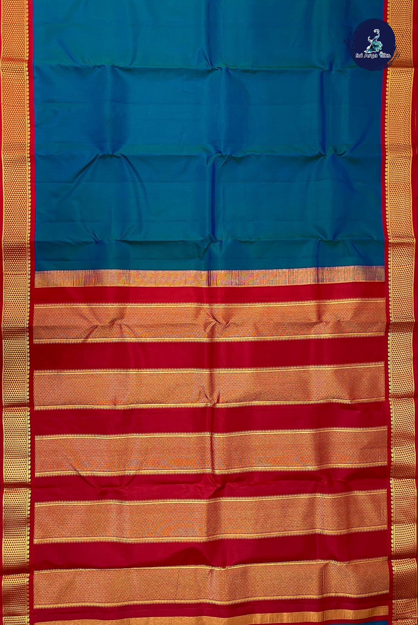 Peacock Blue Korvai Contrast Silk Saree With Plain Pattern