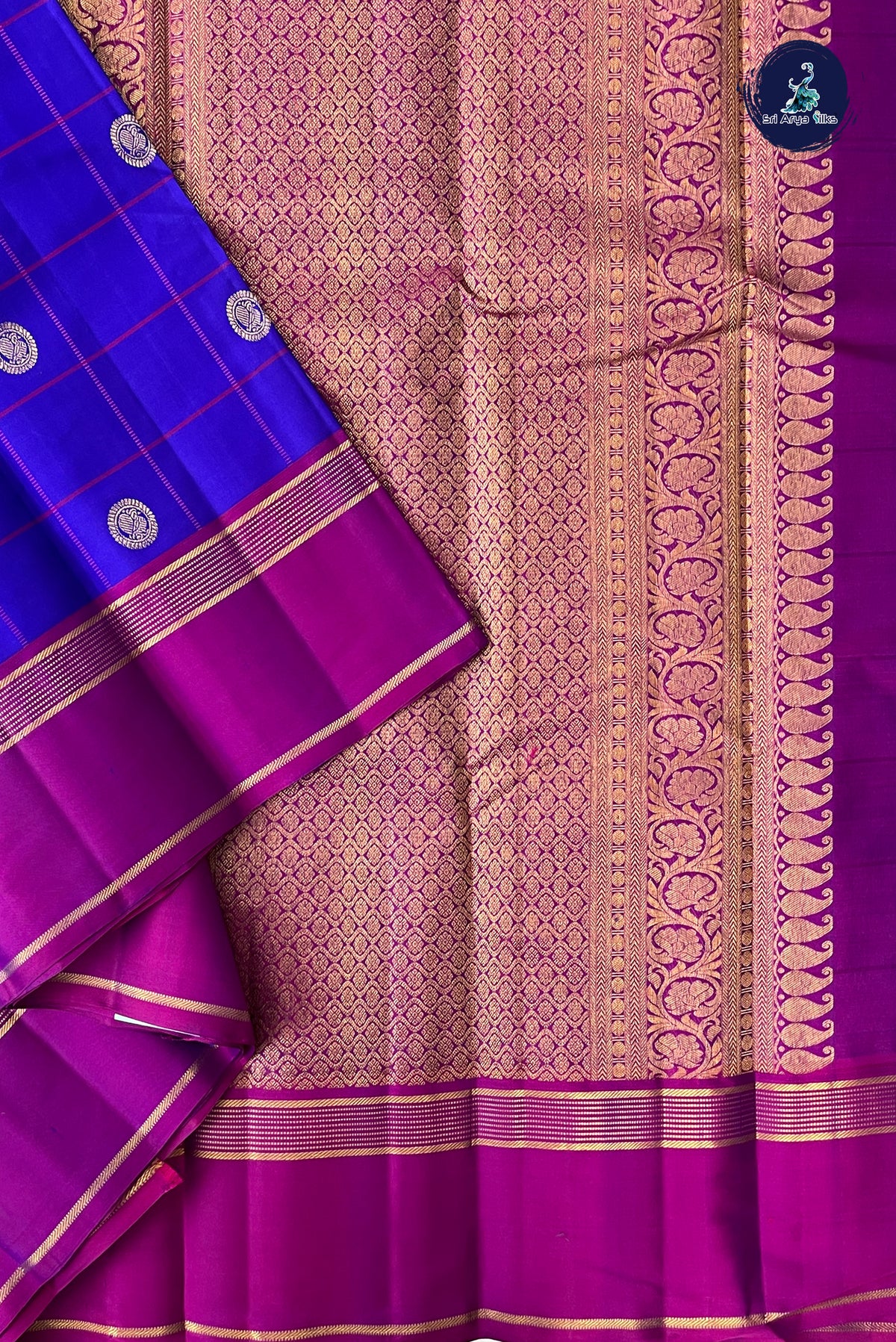 Dark Blue Traditional Silk Saree With Checked Pattern