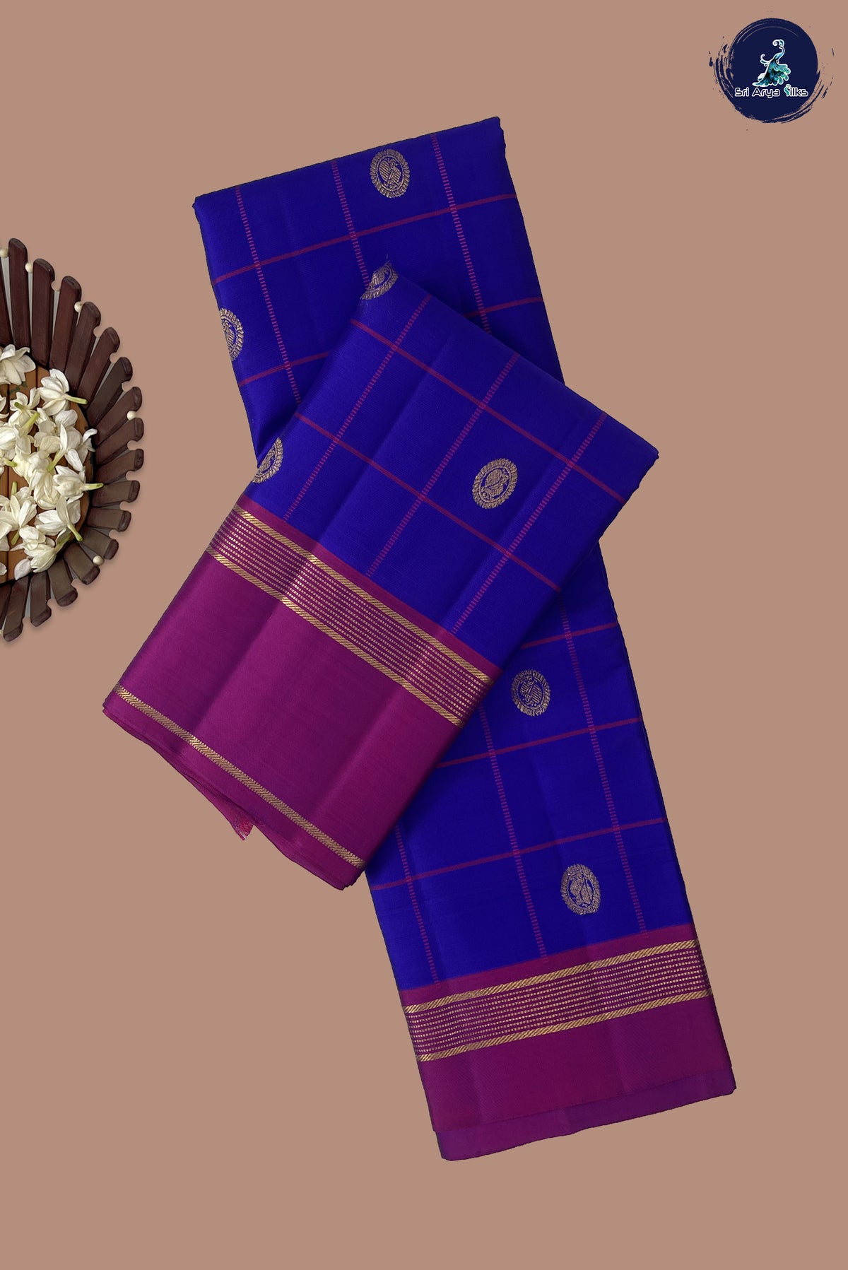 Dark Blue Traditional Silk Saree With Checked Pattern