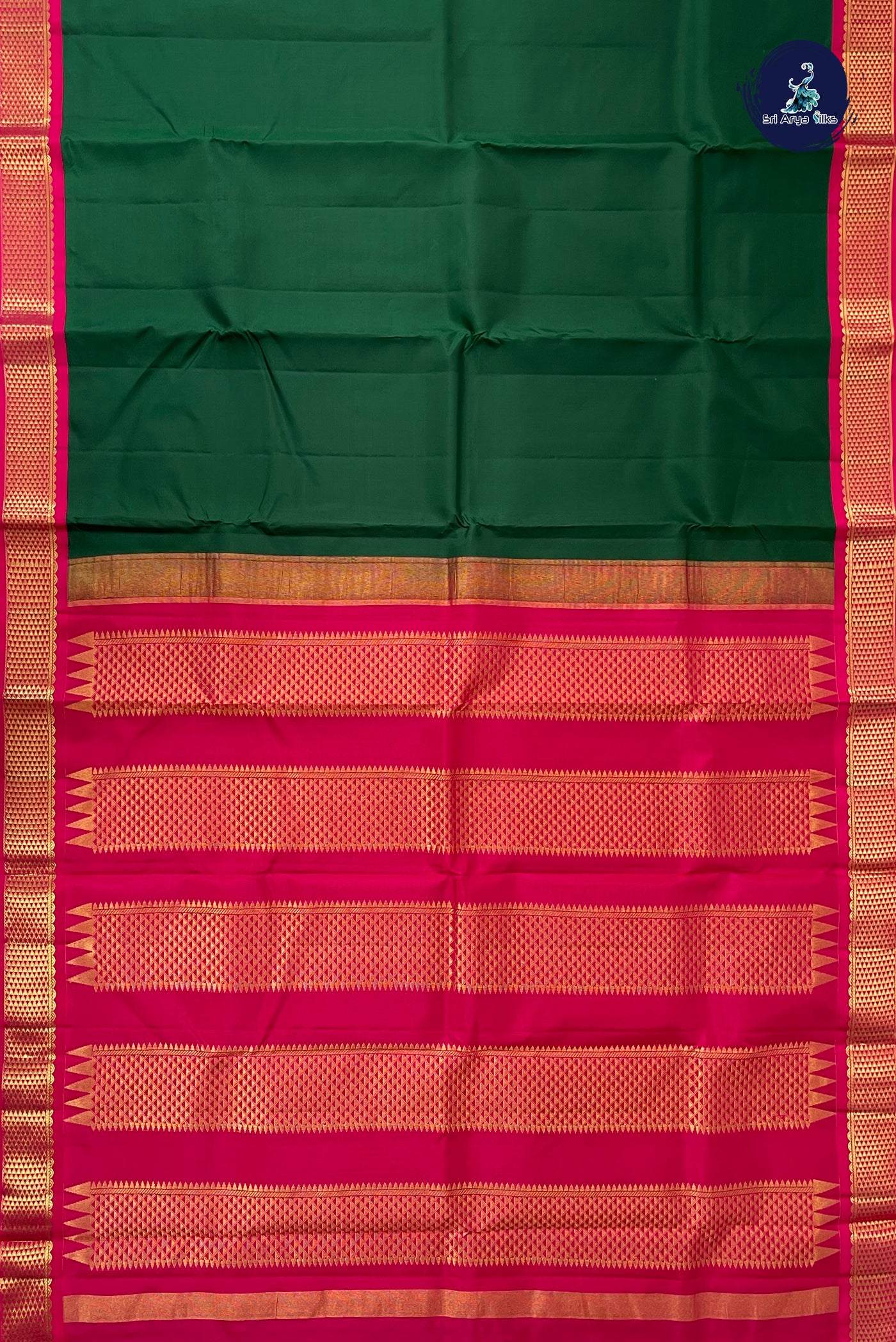 Bottle Green Korvai Contrast Silk Saree With Plain Pattern
