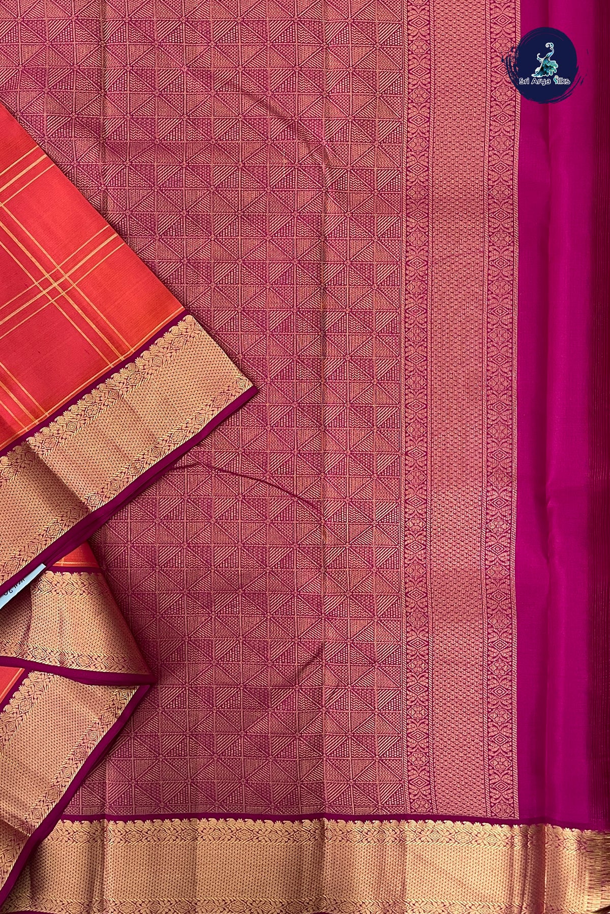 Orangish Pink Checked Silk Saree With Zari Checked Pattern