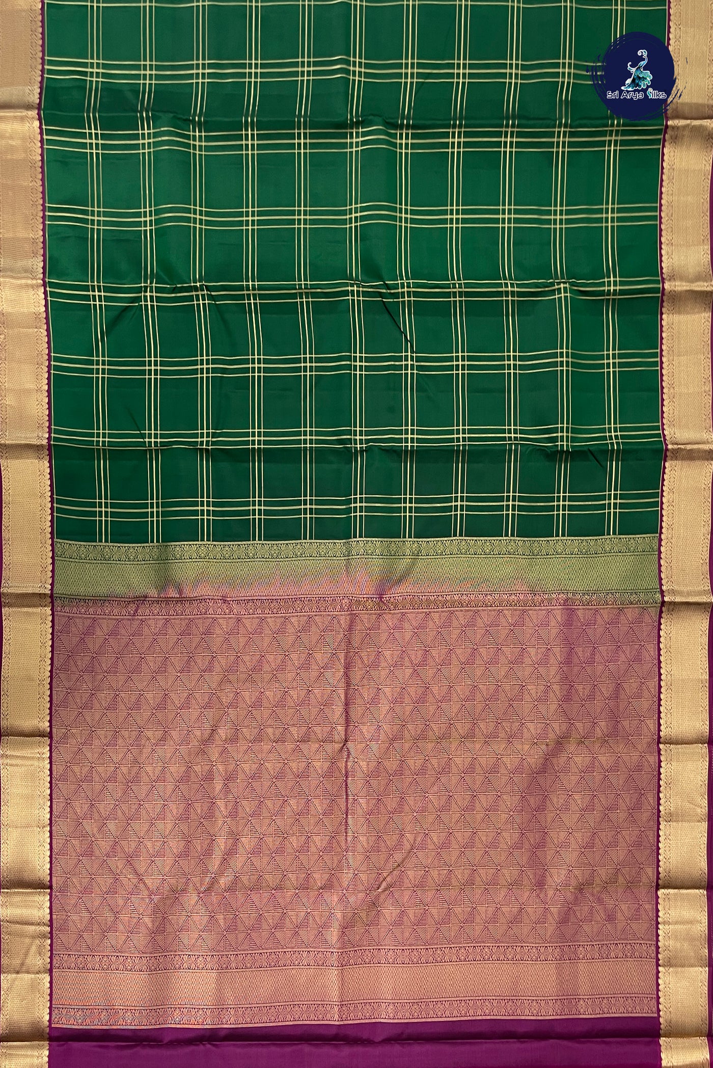 Dark Green Checked Silk Saree With Zari Checked Pattern