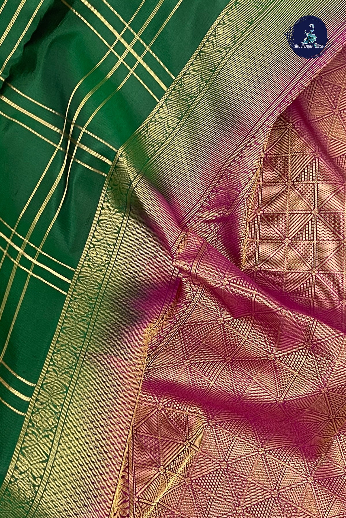 Dark Green Checked Silk Saree With Zari Checked Pattern