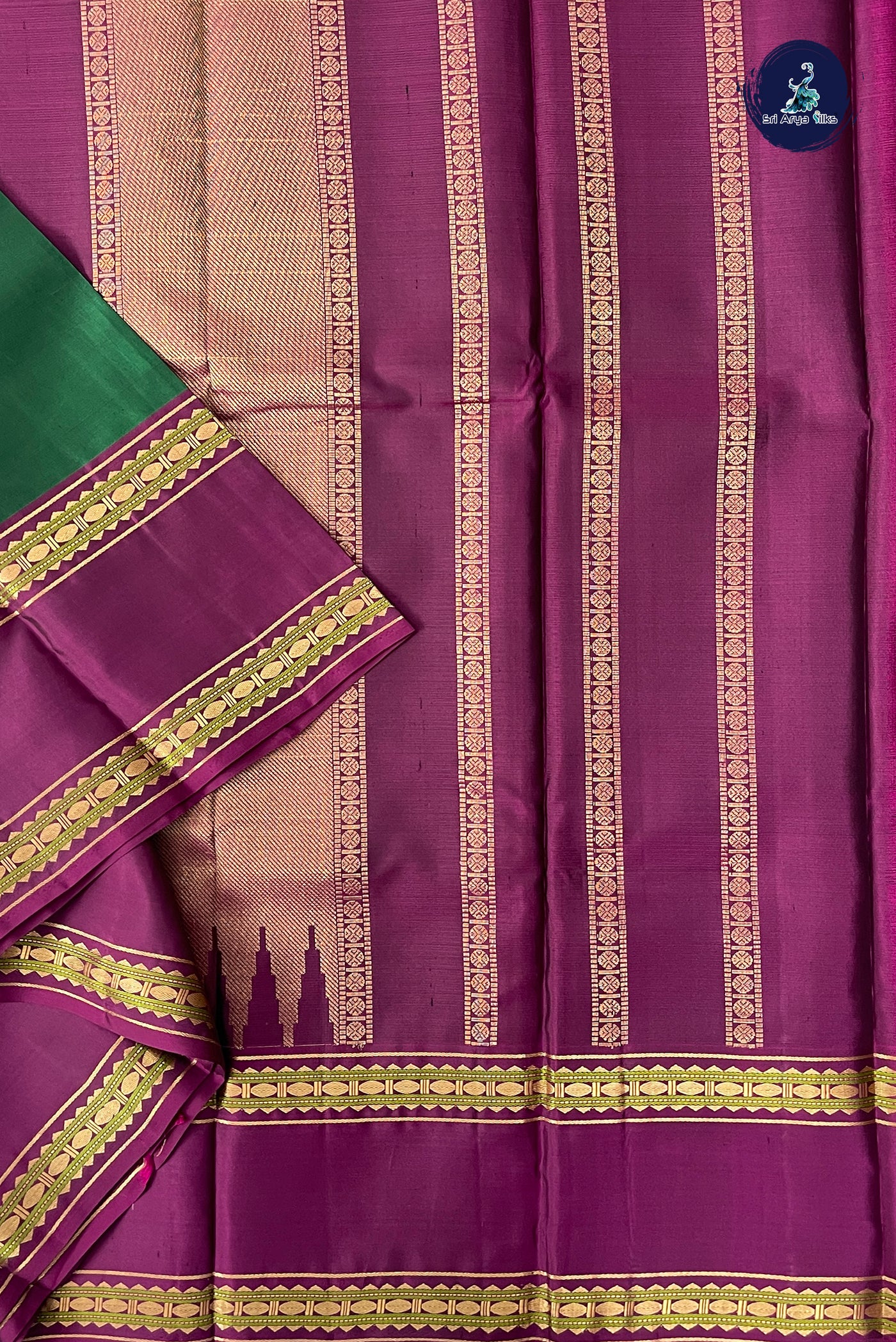 Dark Green Rettaippade Border Silk Saree With Plain Pattern