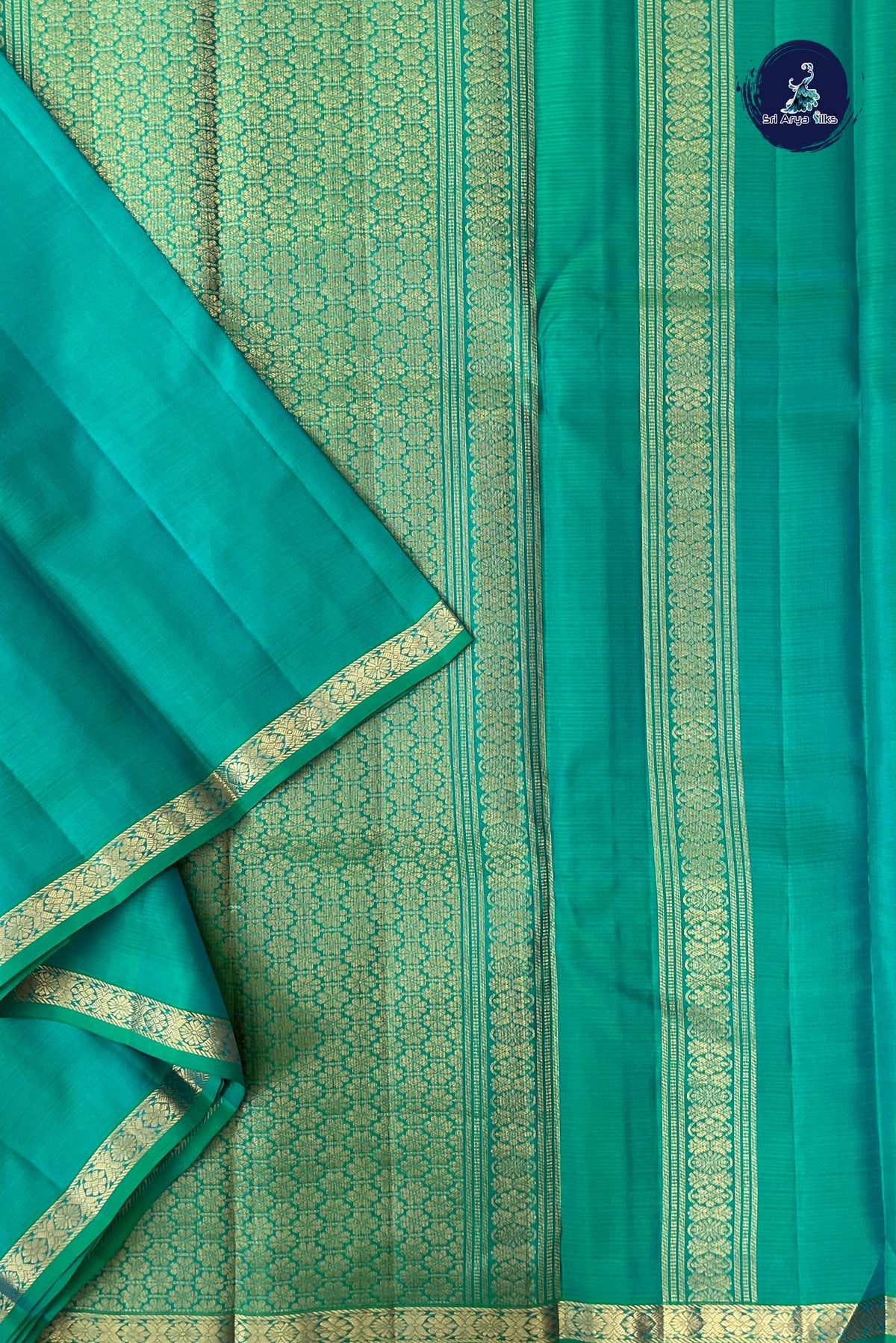 Bluish Green Rettaippade Border Silk Saree With Doria Lines Pattern