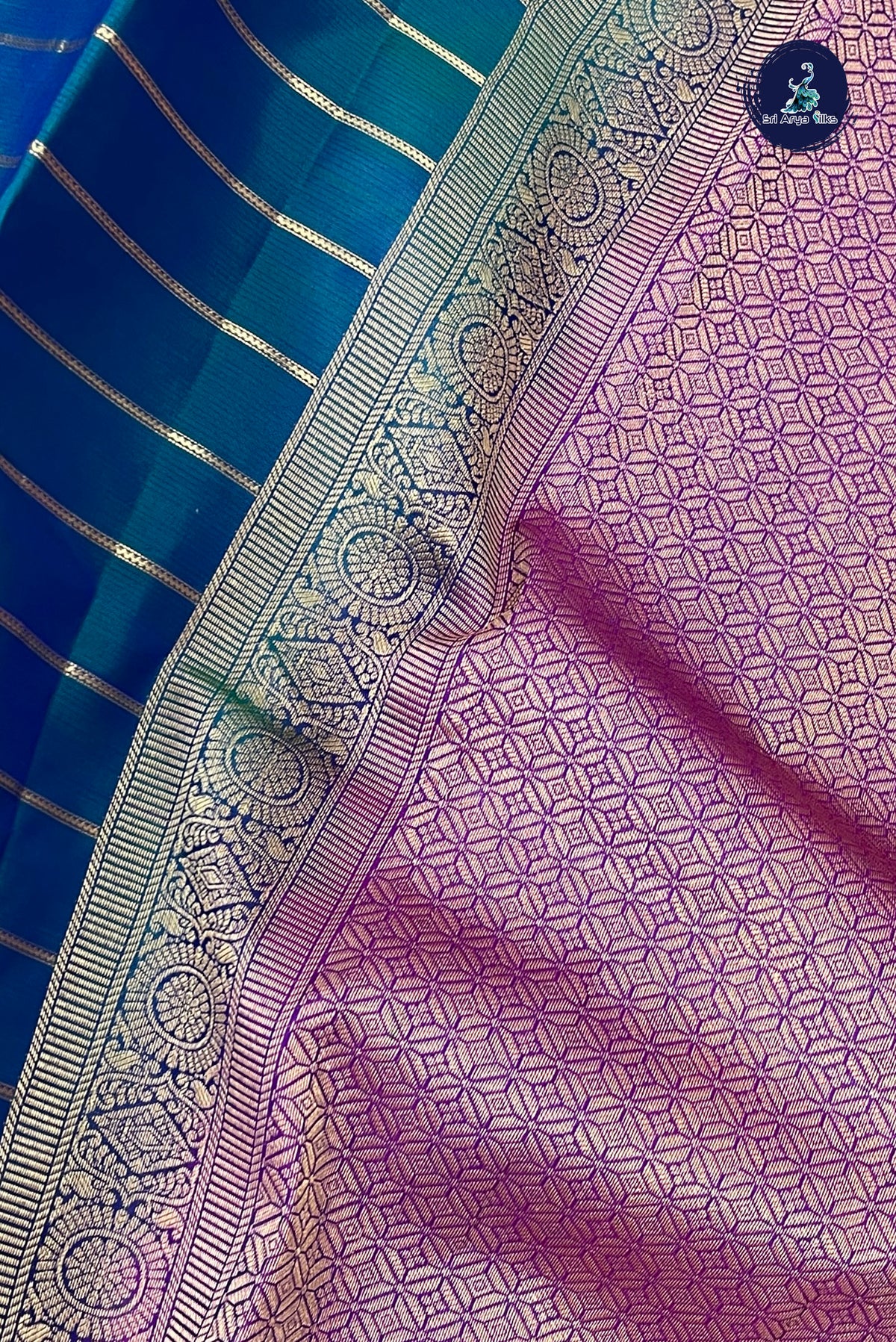 Peacock Blue Rettaippade Border Silk Saree With Veldhari Stripes Pattern
